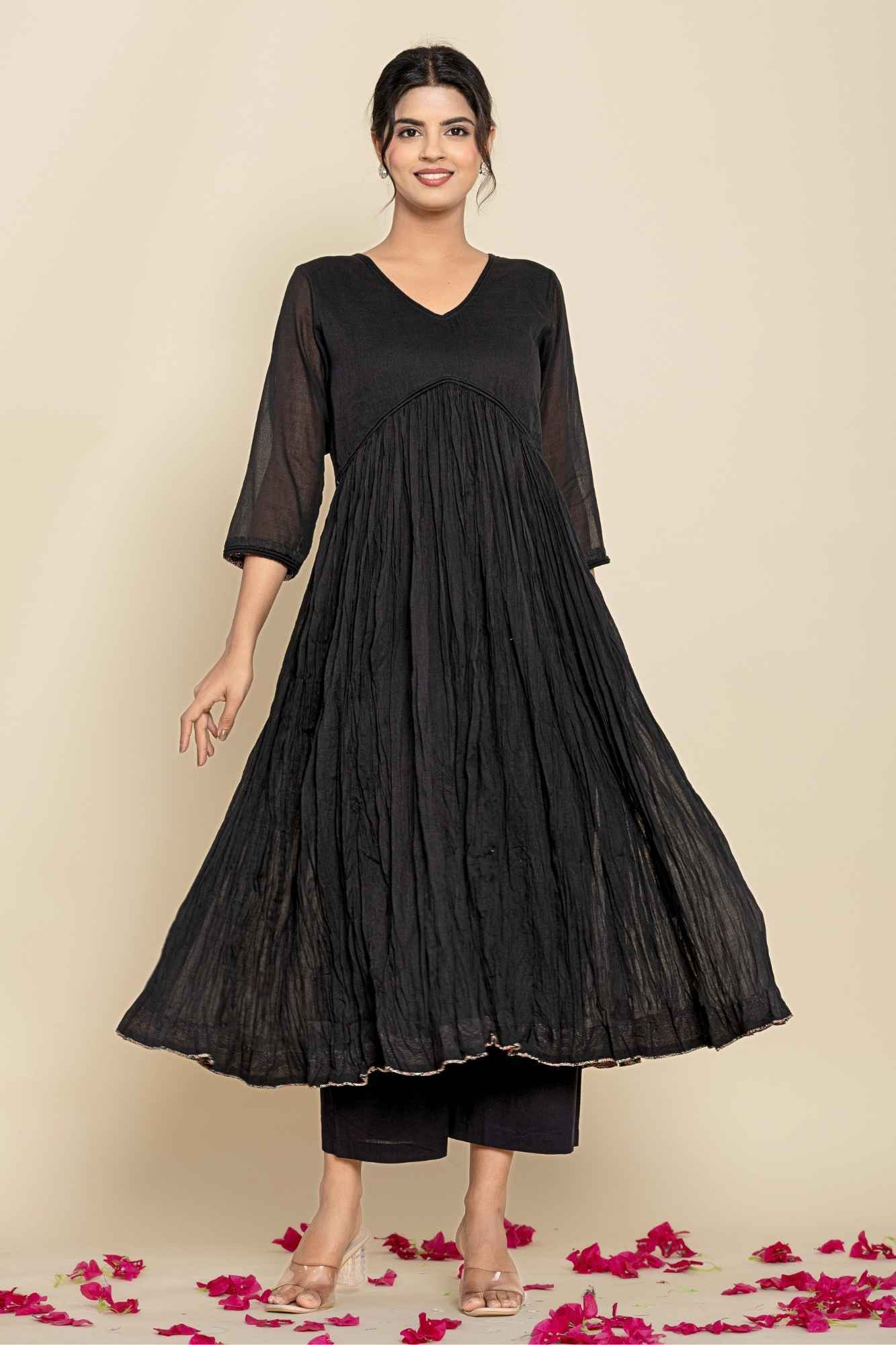 (Set of 2) Naksh Black Cotton Gathered Kurta And Pants