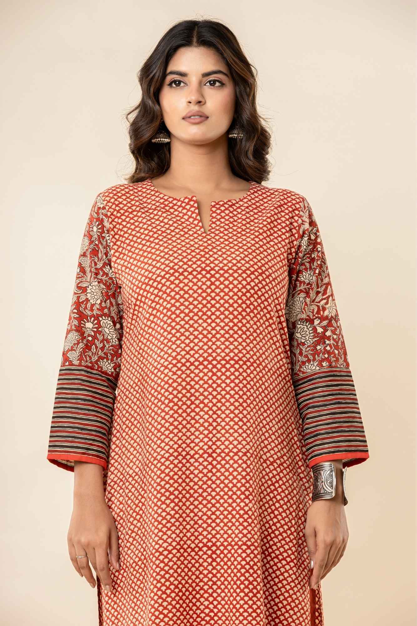 Rust Cotton Straight Kurta Set with Patchwork Sleeves (Set of 2)