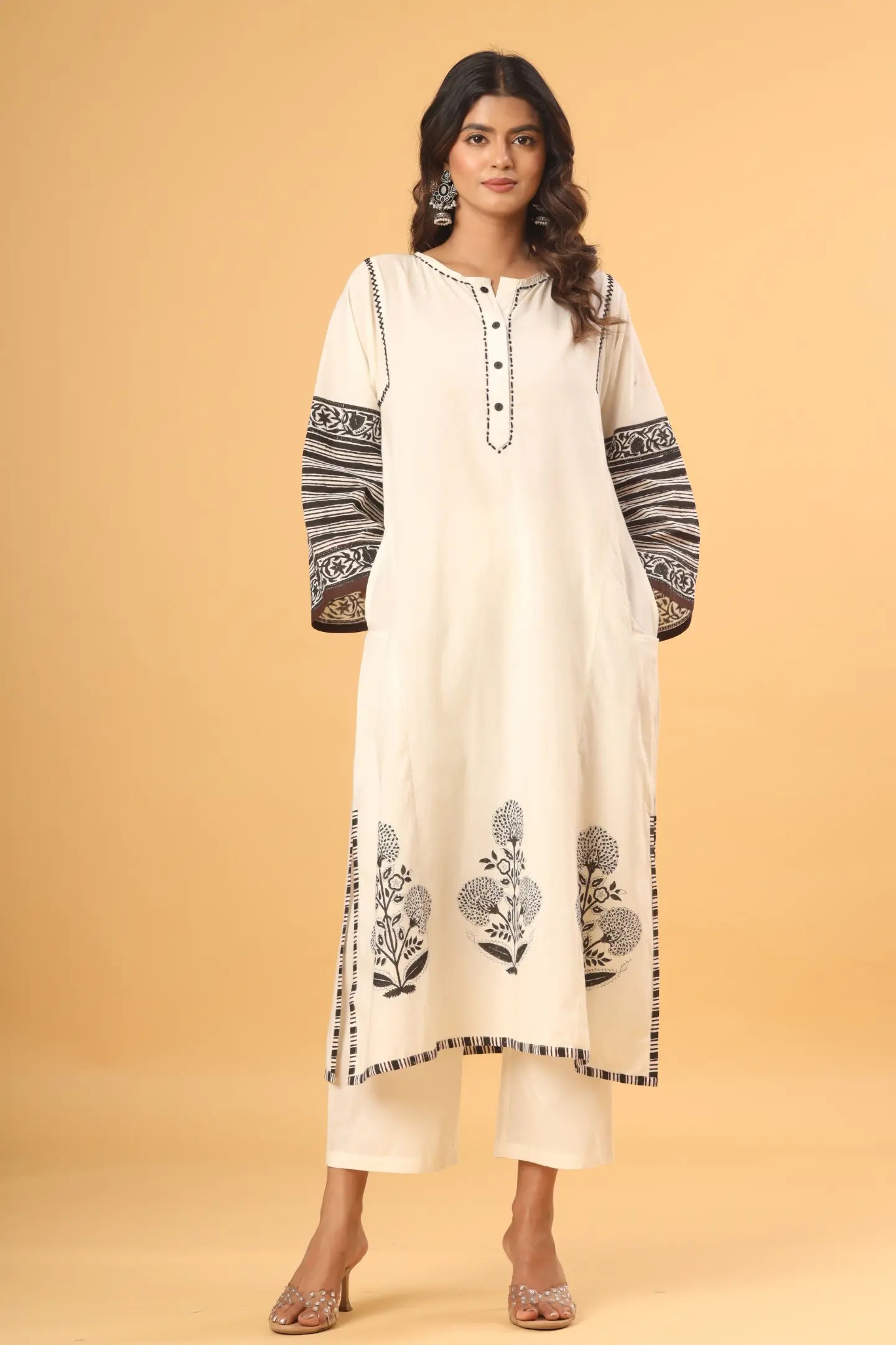 Ivory Whisper Hand-Printed Kurta (Pants and Dupatta included)