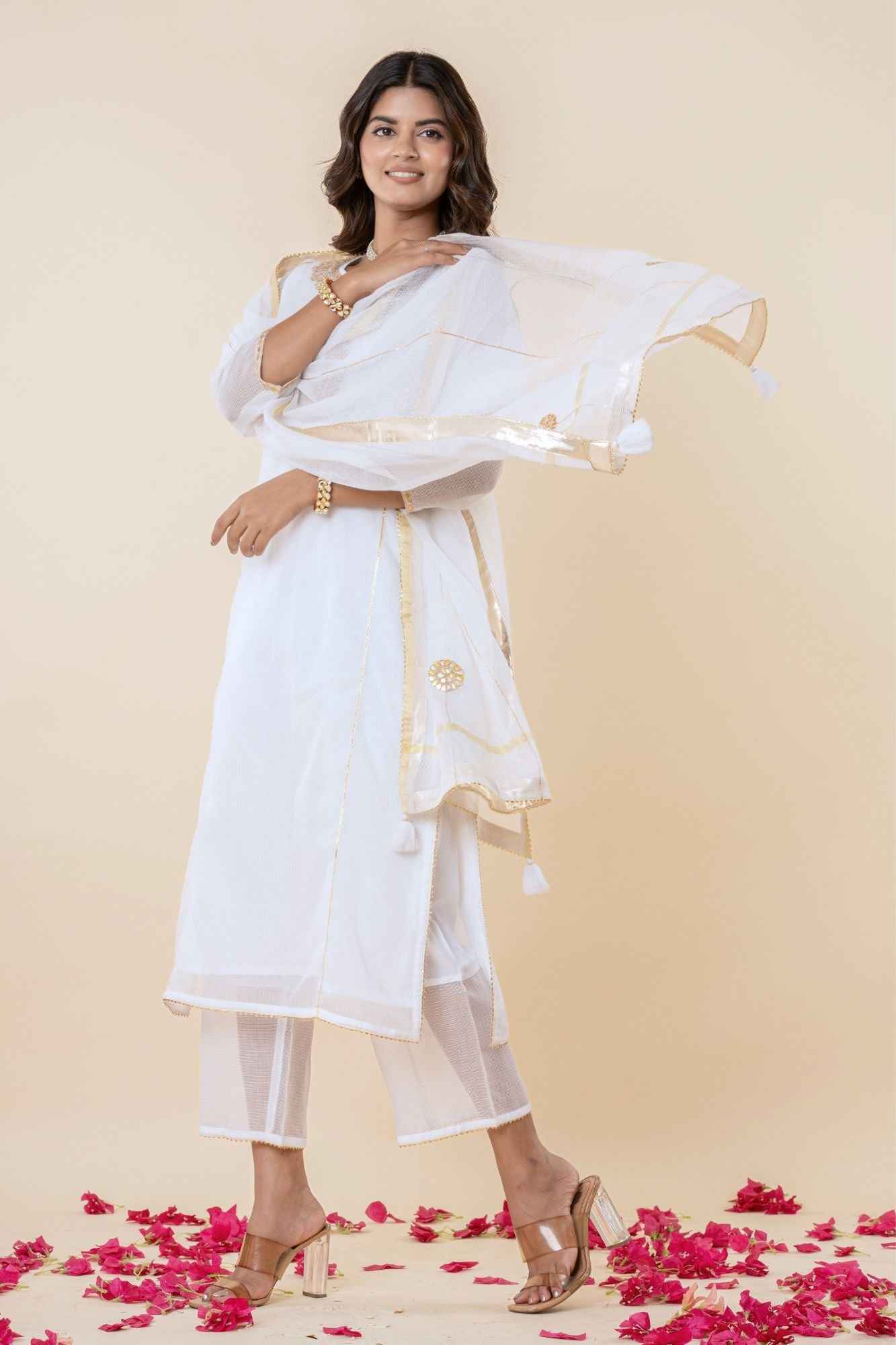 White Kota Doria Gota Patti Kurta (Set Of 3)