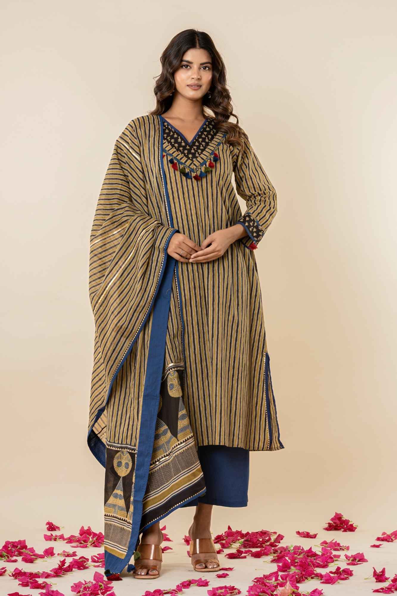 Ajrakh Printed Striped A-Line Kurti Pant Set with Dupatta