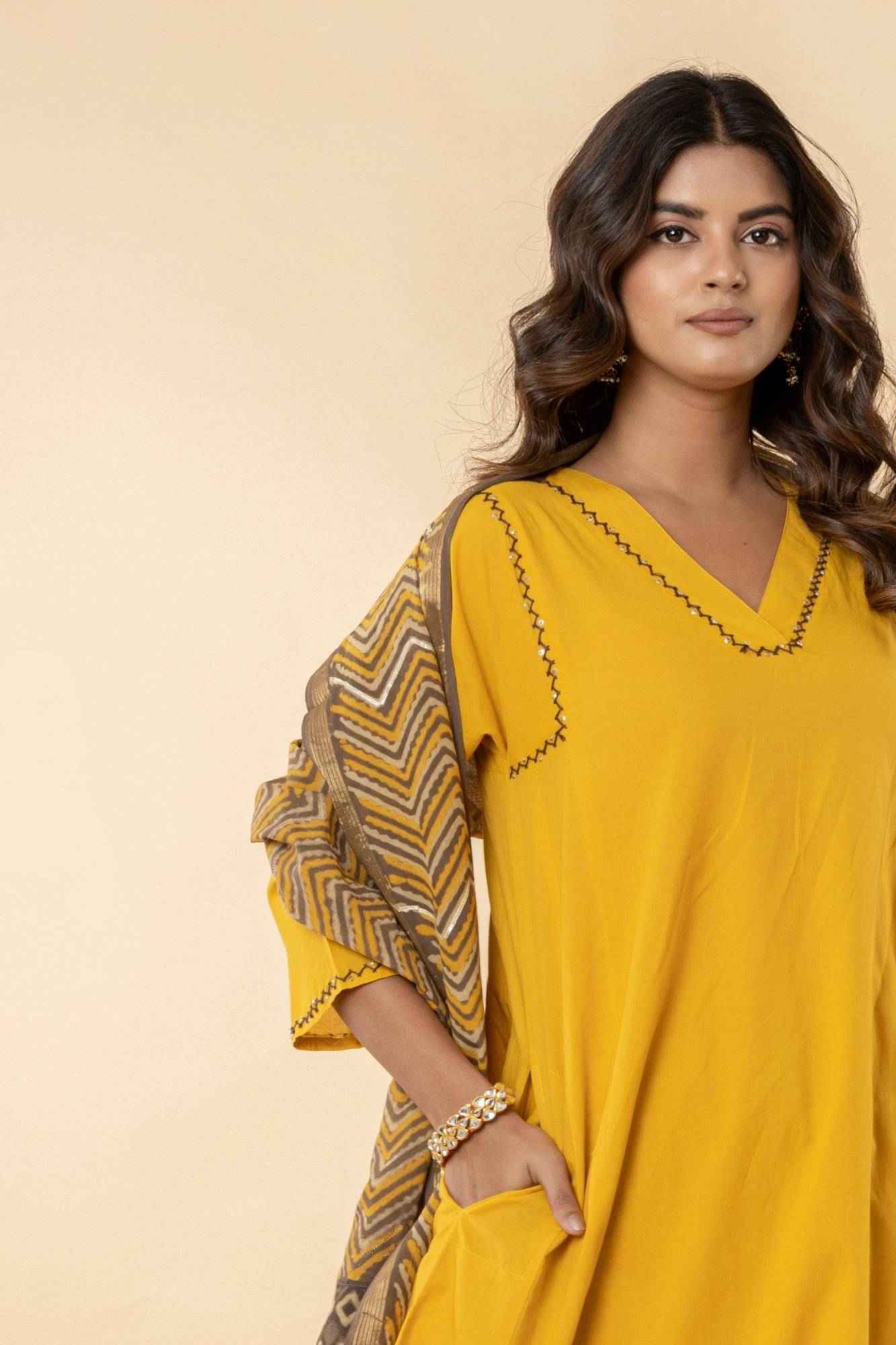 Golden Mustard A-Line Kurti Pant Set with Vanaspati Dupatta