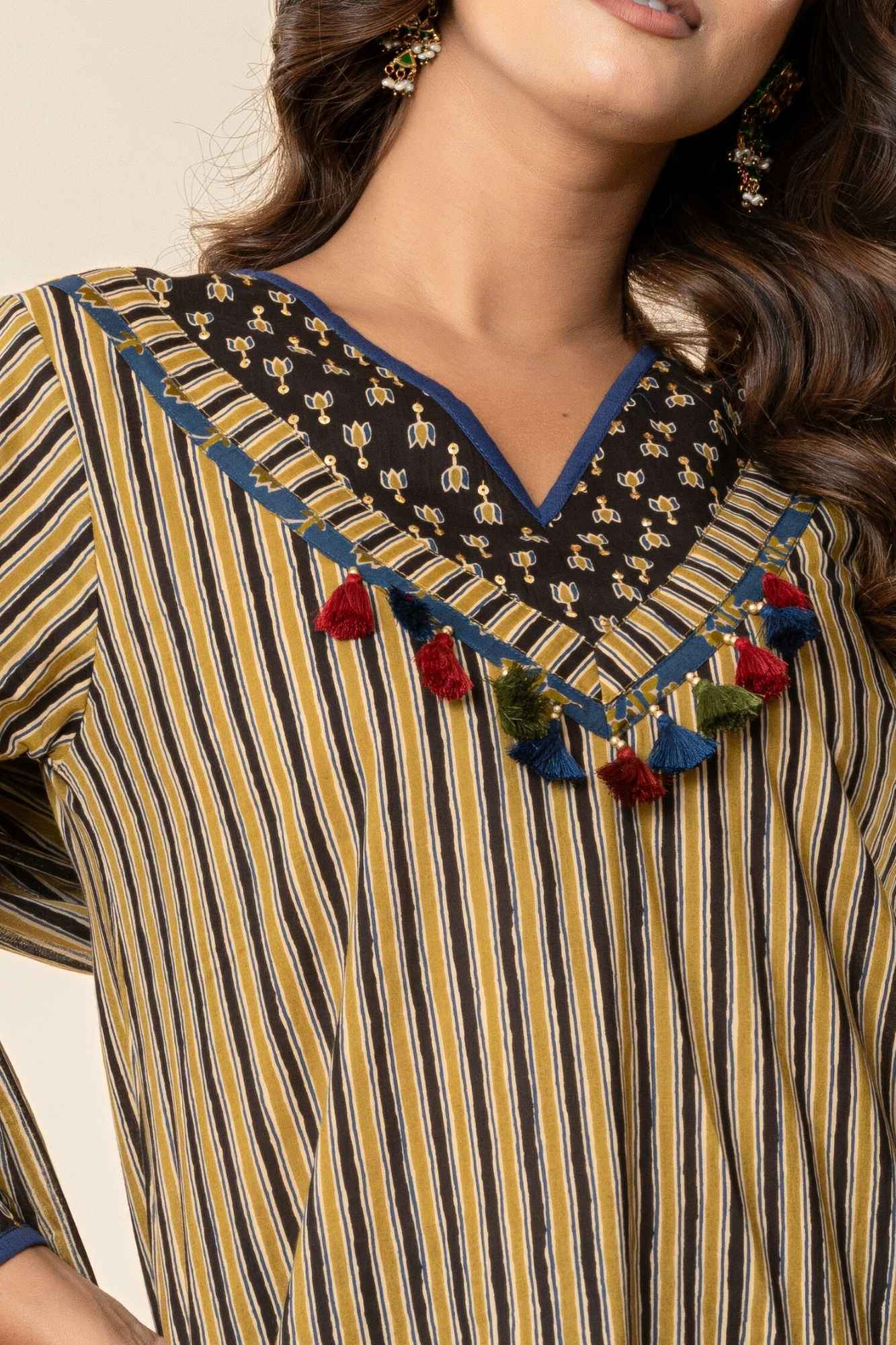 Ajrakh Printed Striped A-Line Kurti Pant Set with Dupatta