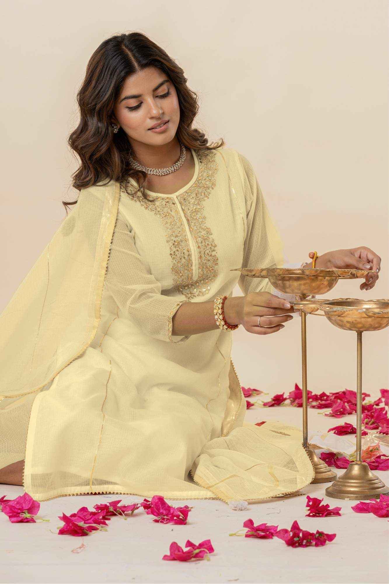 Butter yellow Kota Doria Gota Patti Kurta (Set of 3)