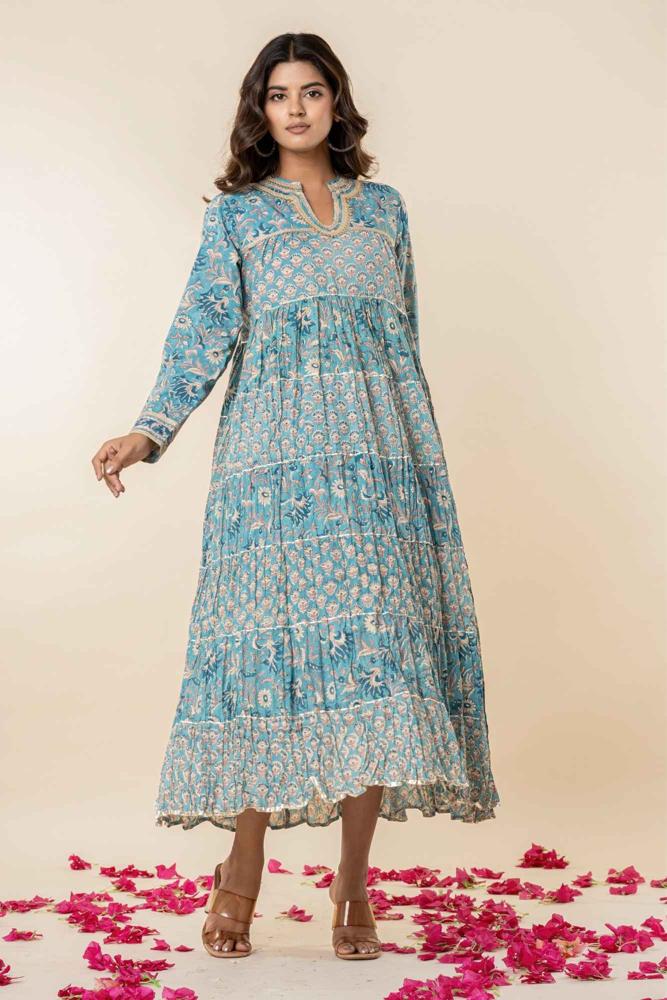 Blue Block Print Tiered Dress