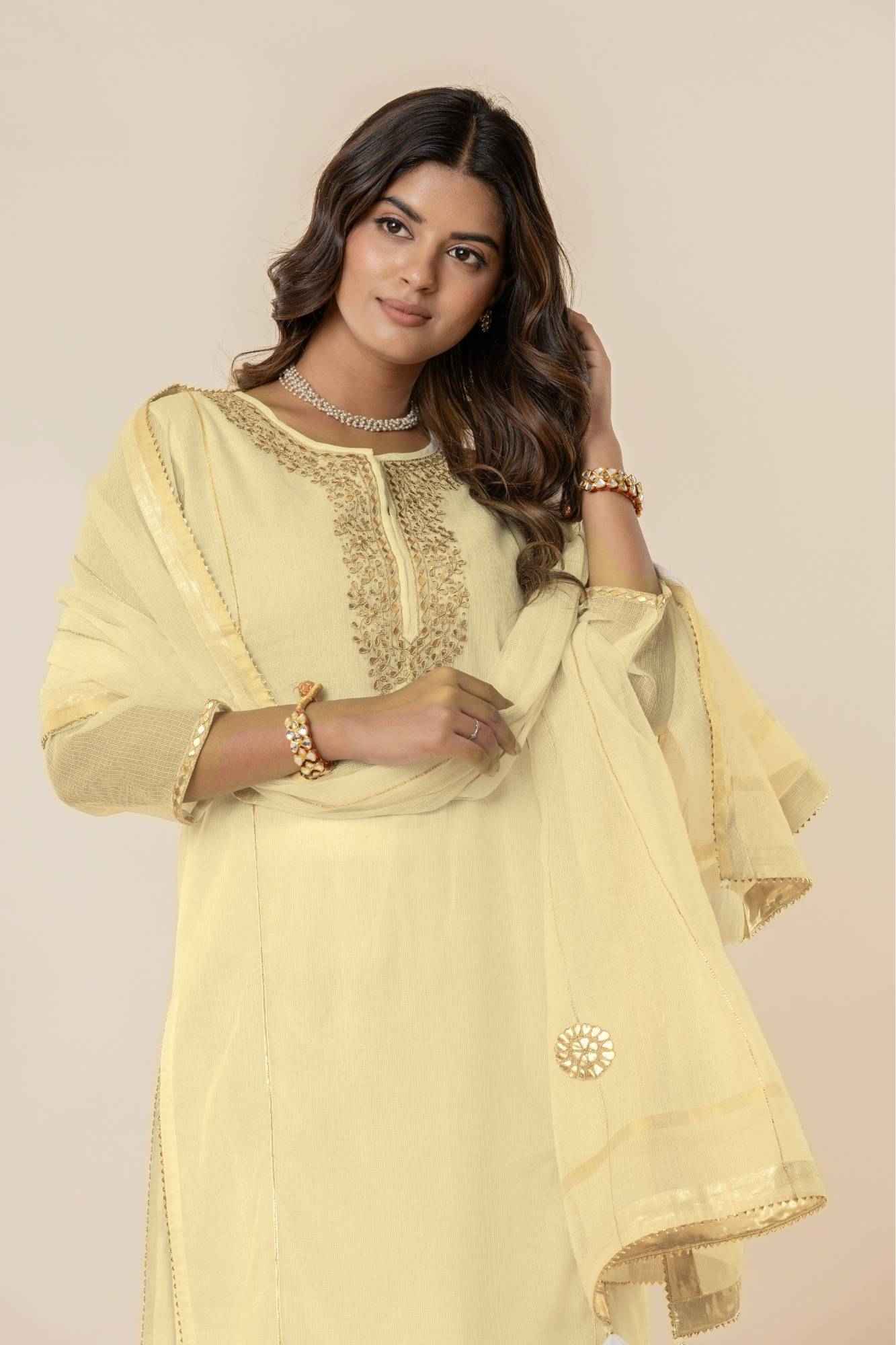 Butter yellow Kota Doria Gota Patti Kurta (Set of 3)