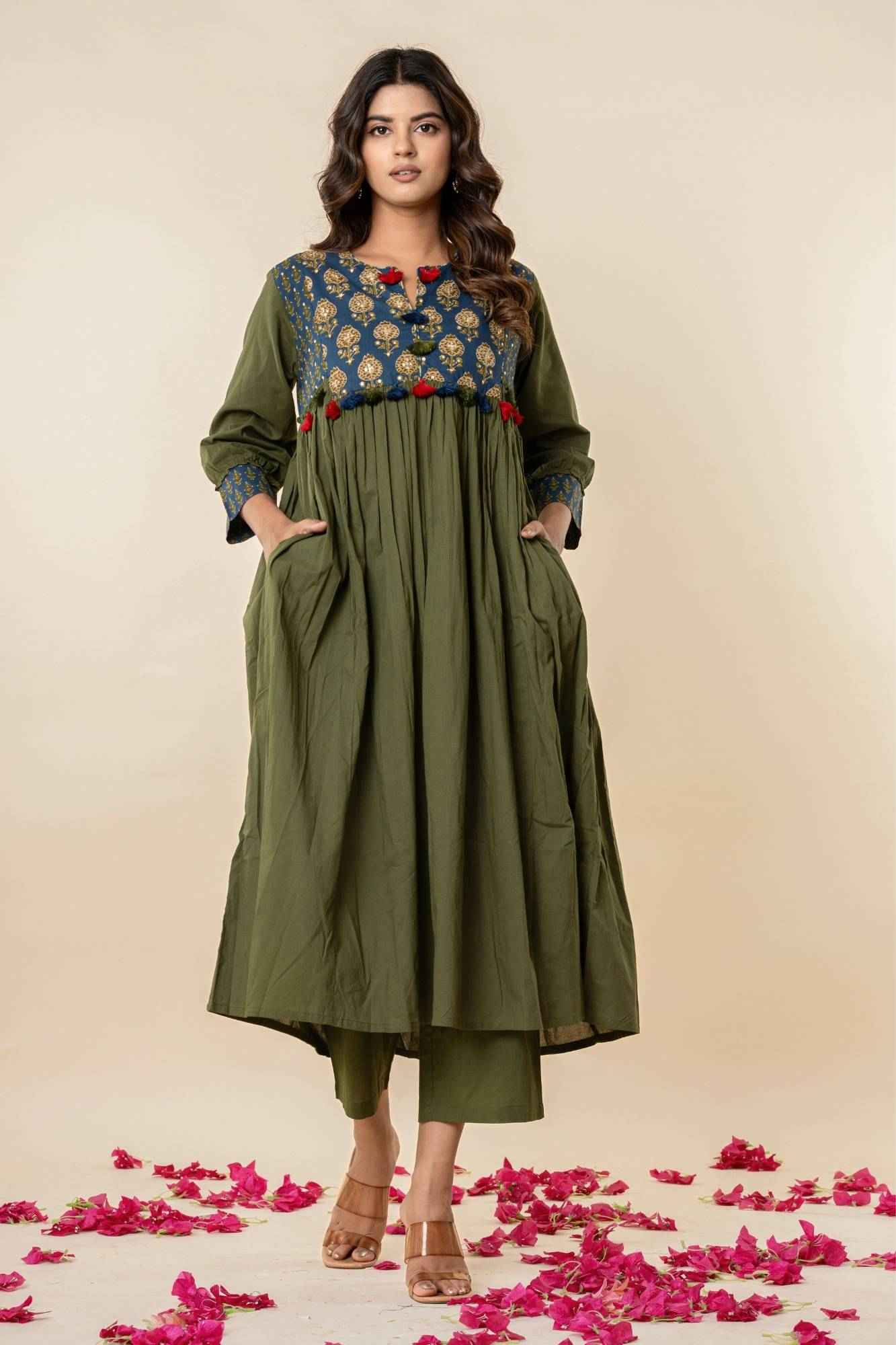 Olive Gathered Kurta Set with Printed Yoke