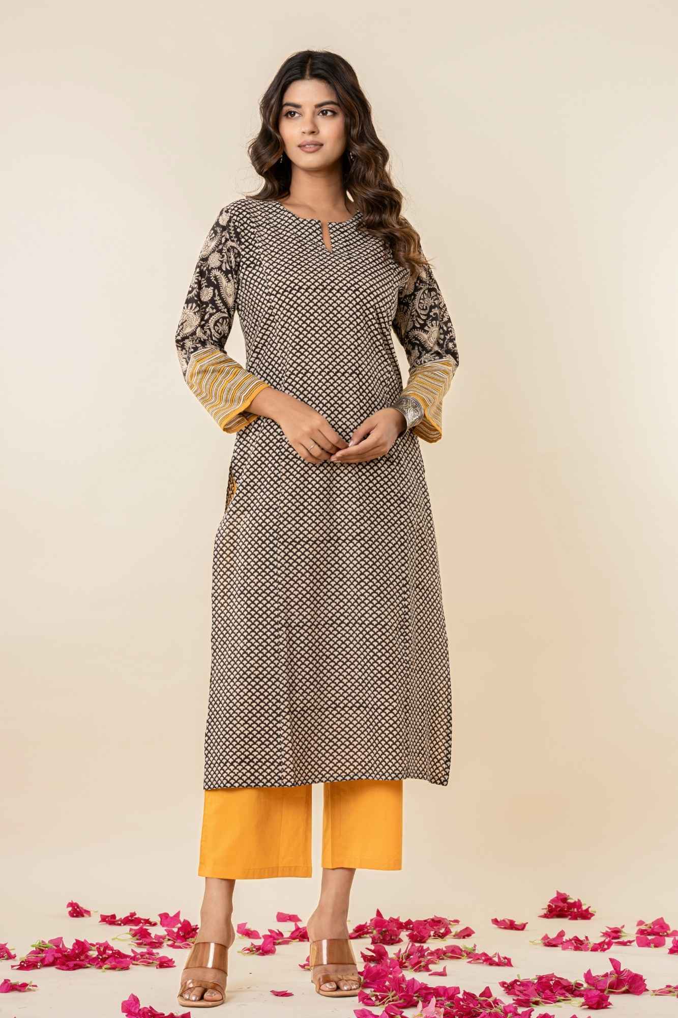 Black Cotton Straight Kurta Set with Patchwork Sleeves (Set of 2)