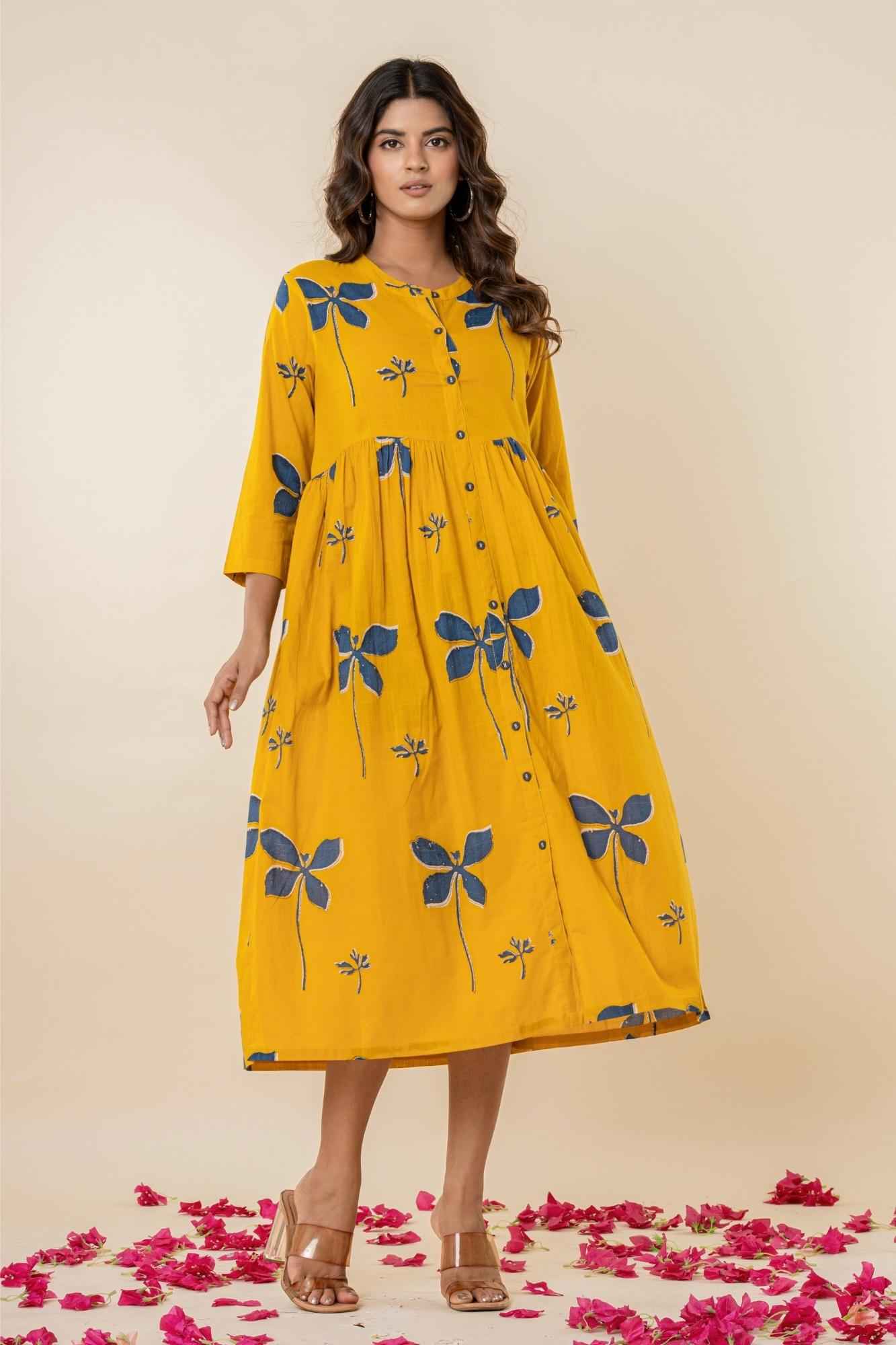 Mustard Yellow Cotton Button-Down Dress