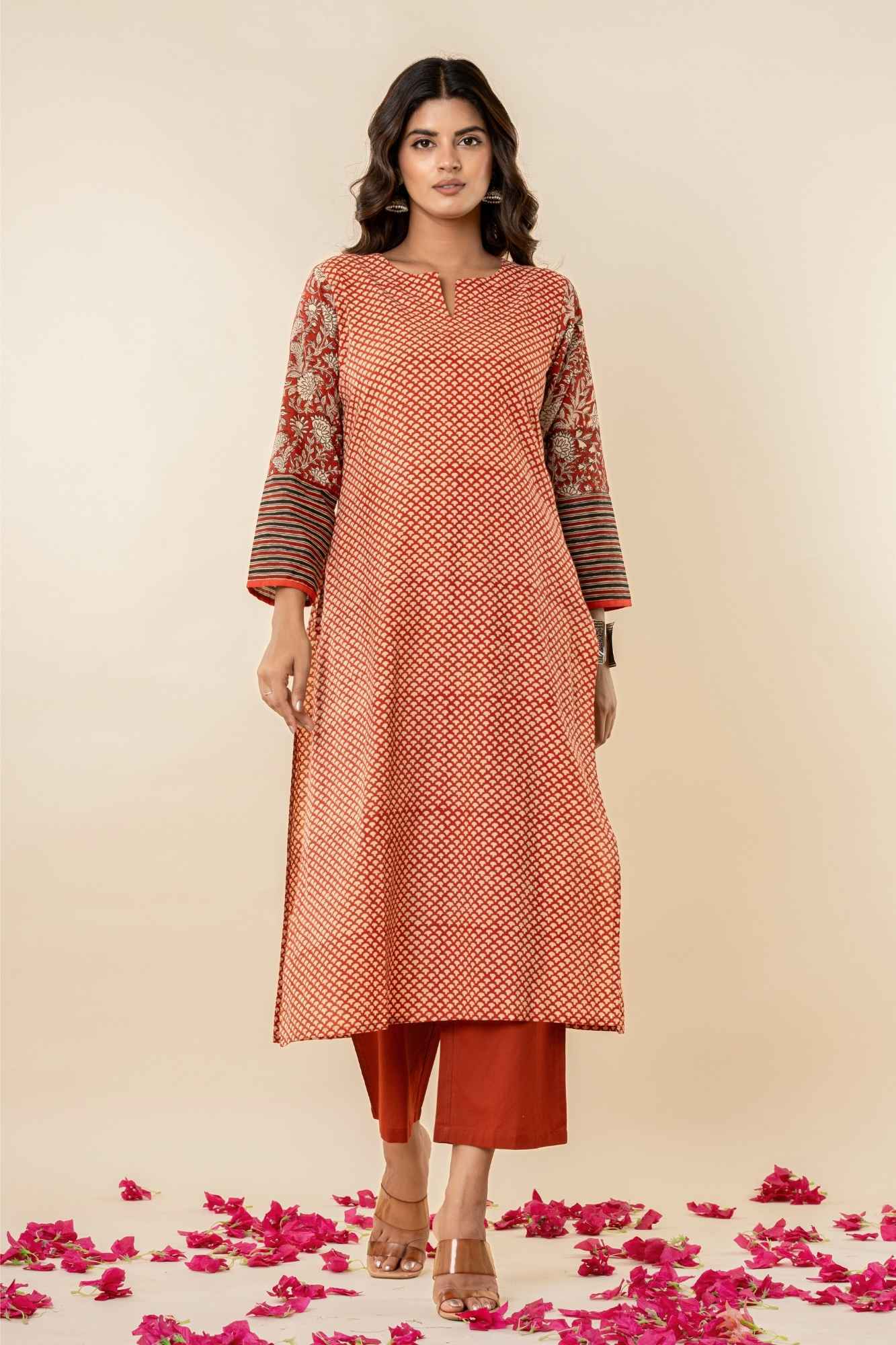 Rust Cotton Straight Kurta Set with Patchwork Sleeves (Set of 2)
