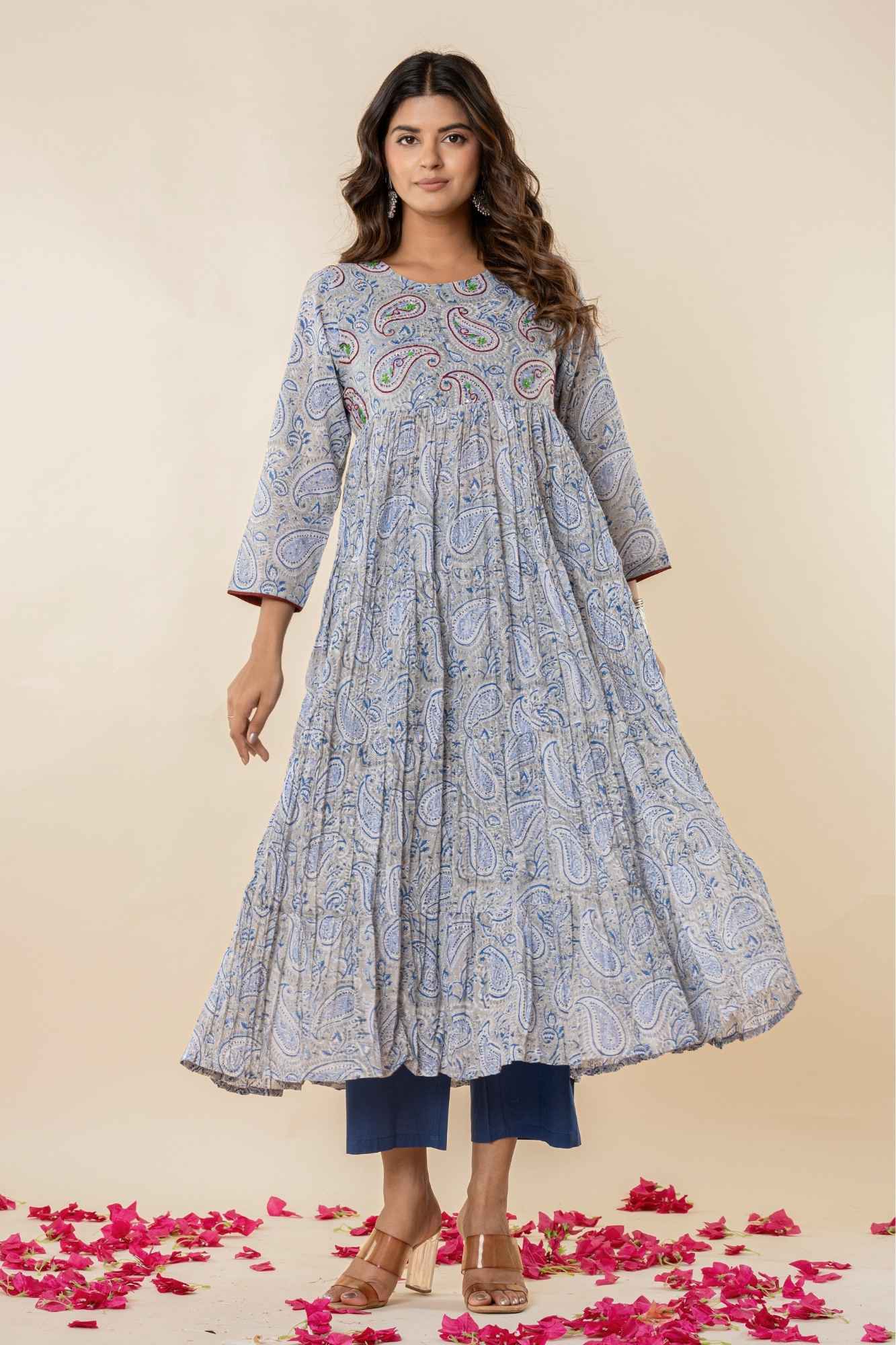 Grey-Blue Block Print Gathered Kurta Set