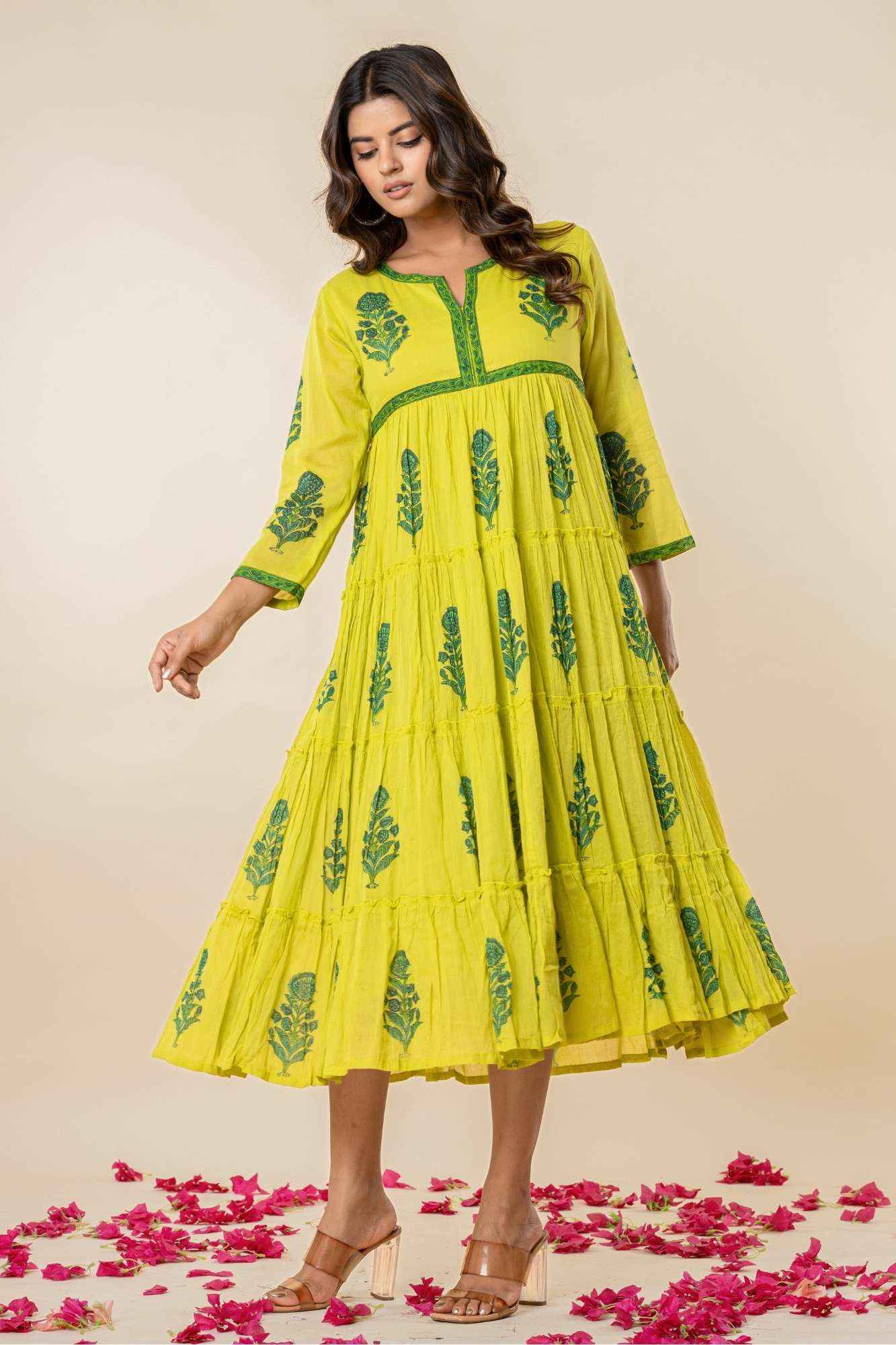 Bright Lime Green Mulmul Tiered Kurta