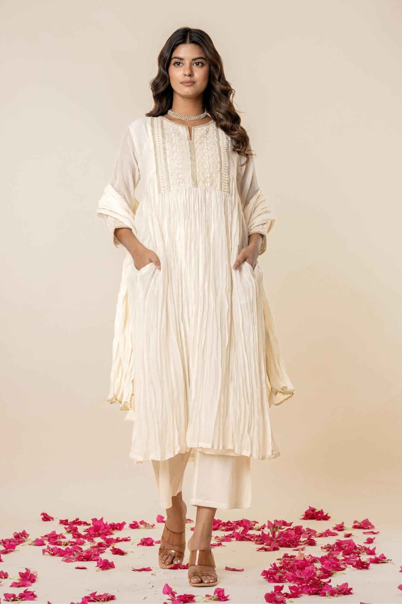 Embroidered White Gathered Kurta (Set of3)