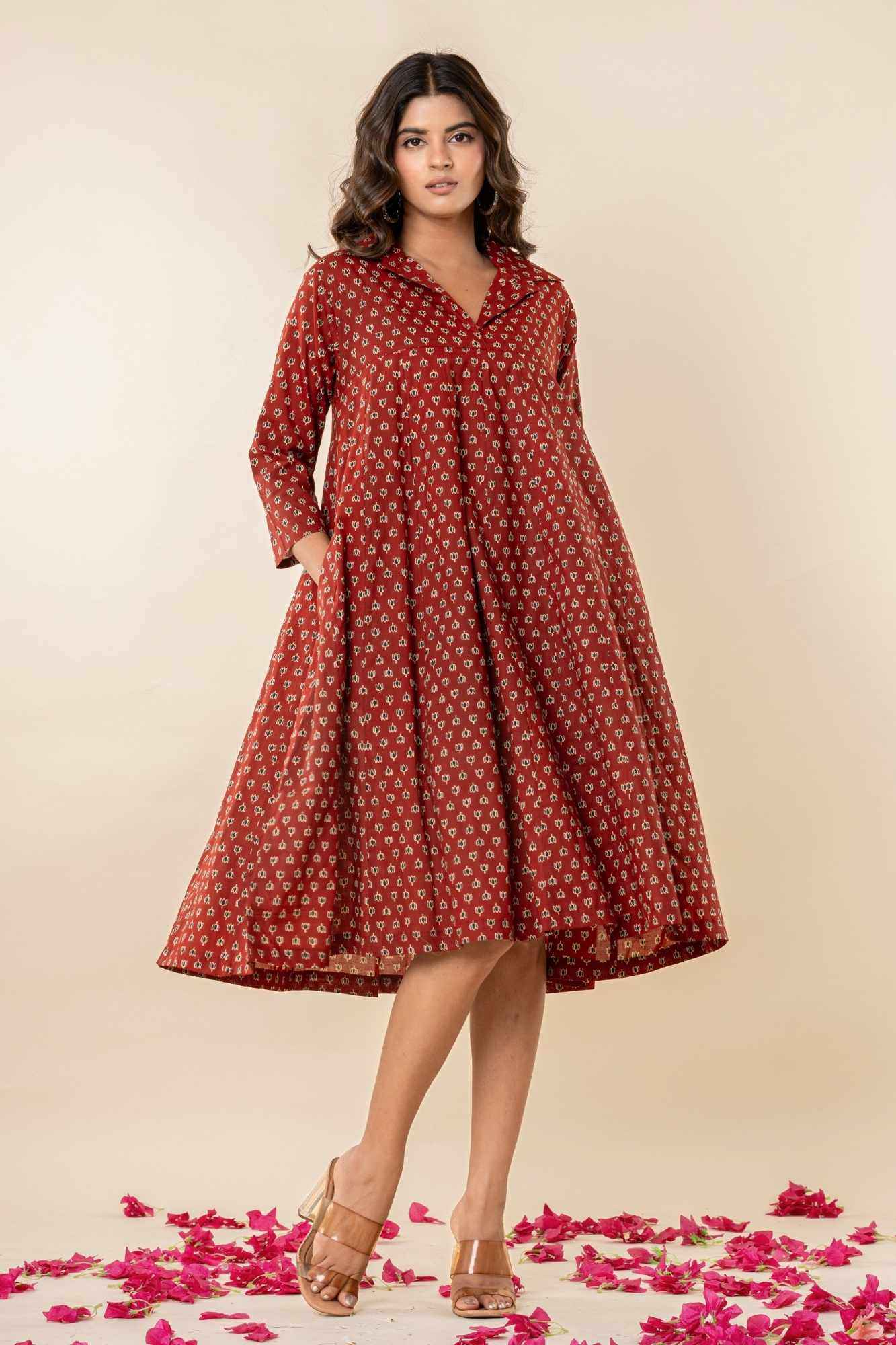 Maroon Collared A-Line Cotton Kurta