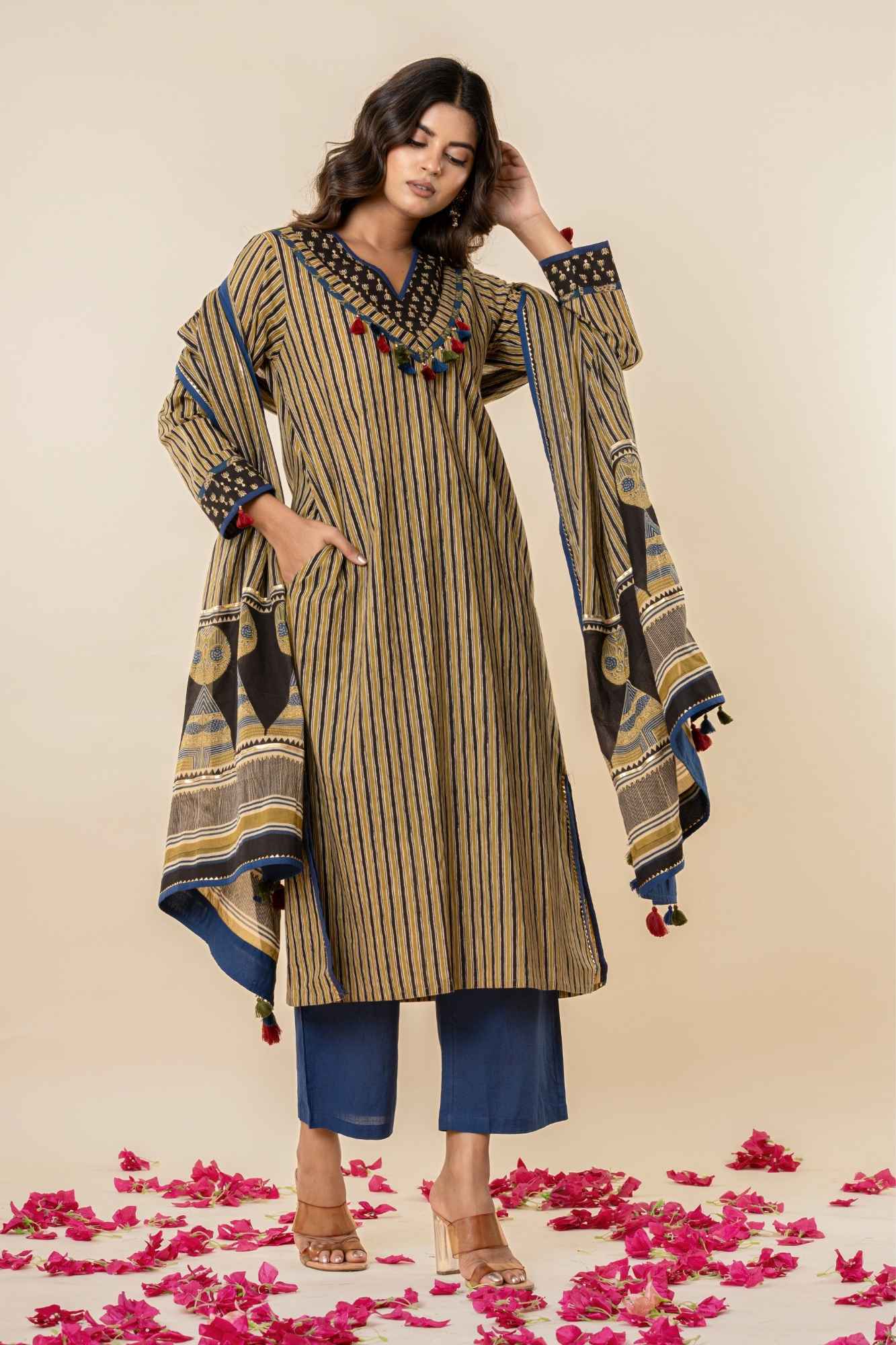 Ajrakh Printed Striped A-Line Kurti Pant Set with Dupatta