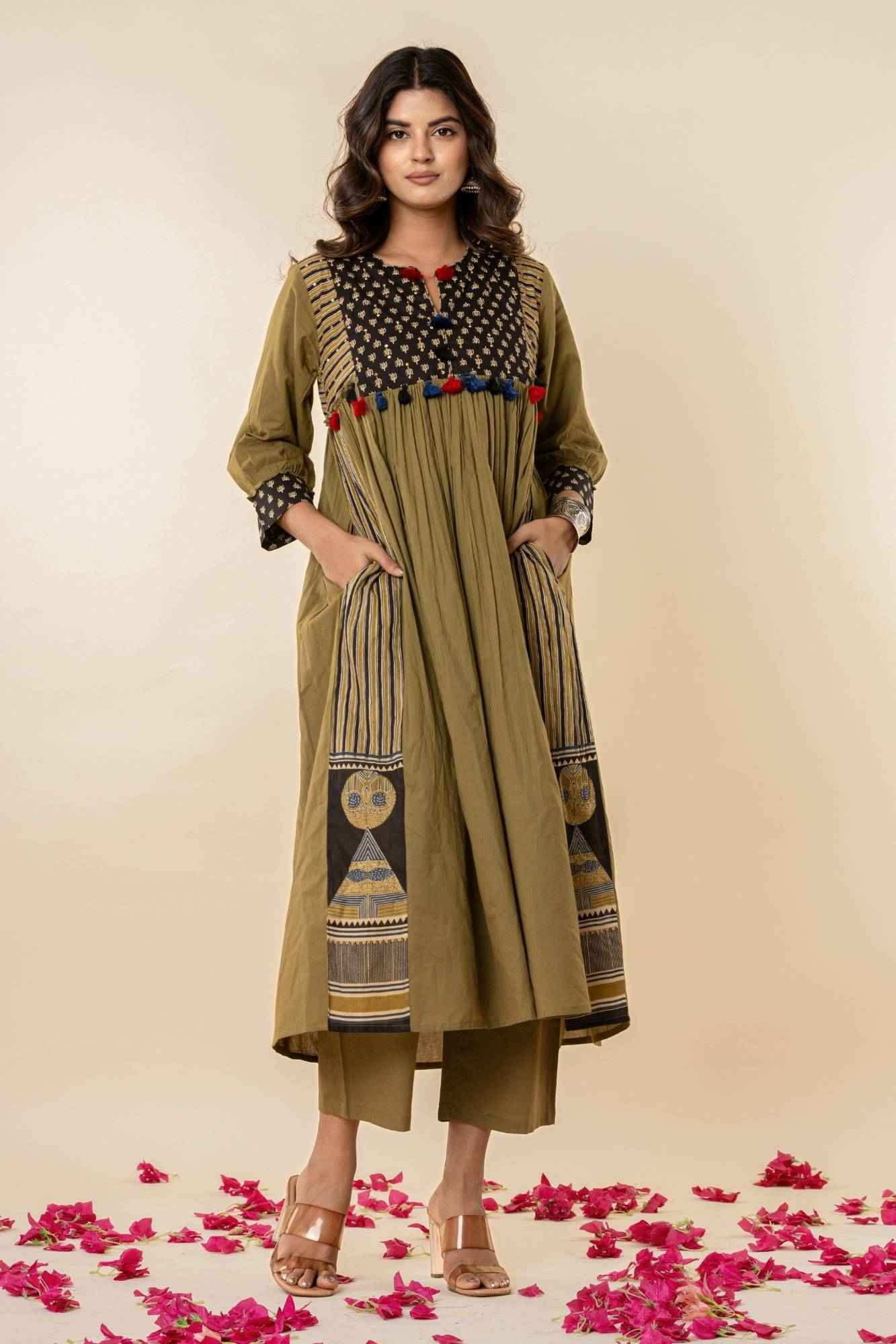 Olive Gathered Kurta Set with Tassels
