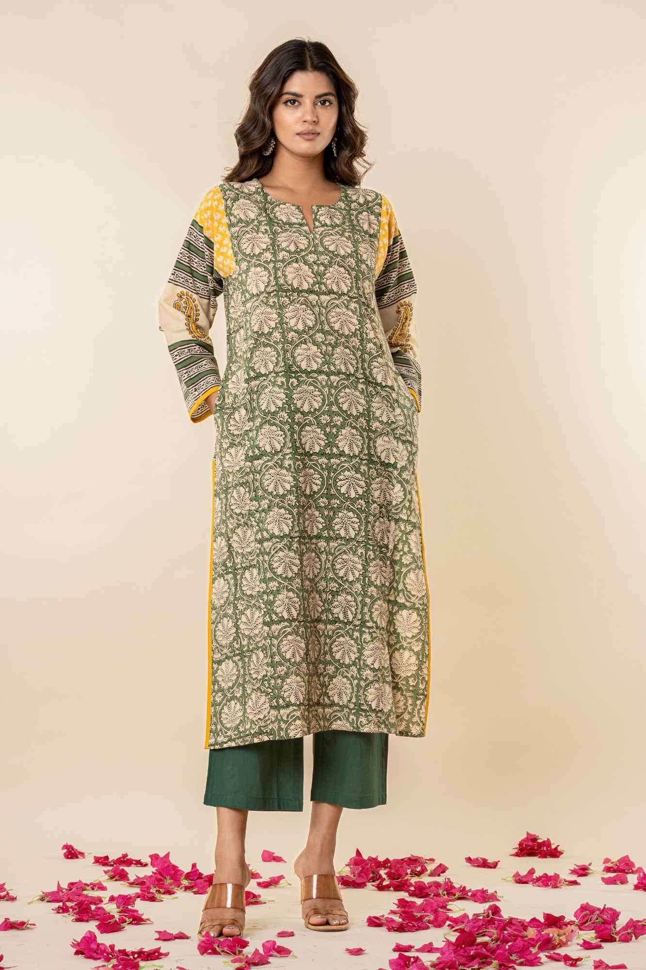 Green & Yellow Bagru Print Cotton Kurta Set