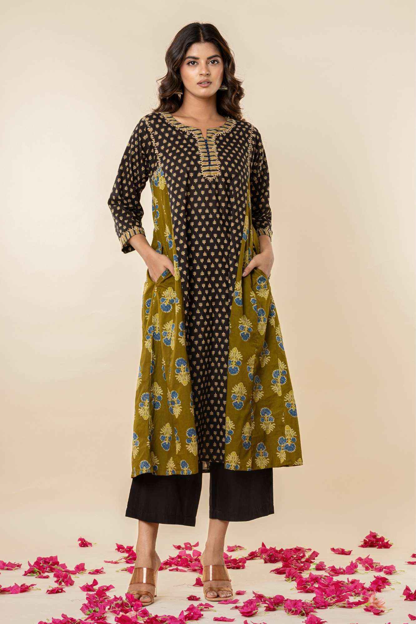Olive & Black A-Line Cotton Kurta with Sequins