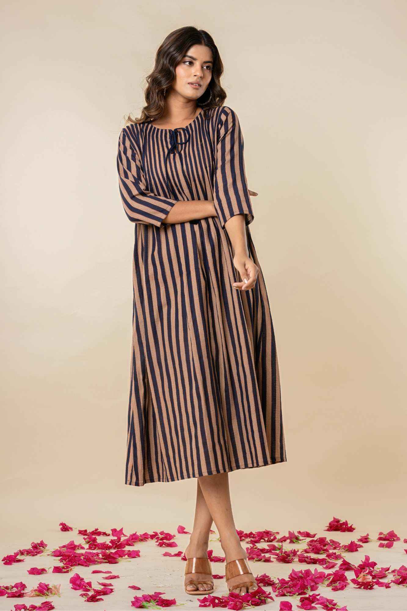 Striped A-Line Cotton Kurta with Tassel Tie-Up