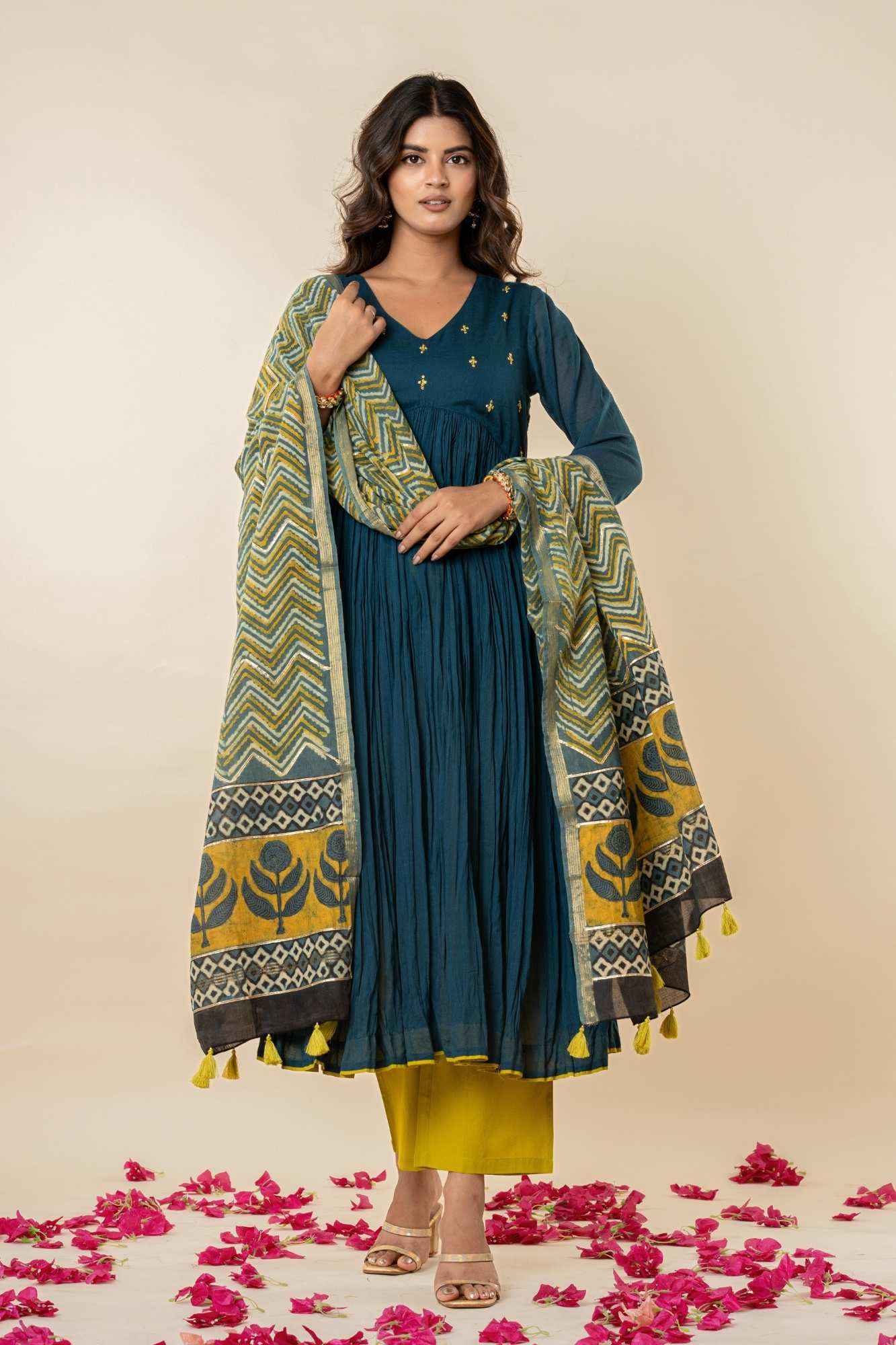 Teal Blue Kurti Pant Set with Vanaspati printed Dupatta (Set of 3)
