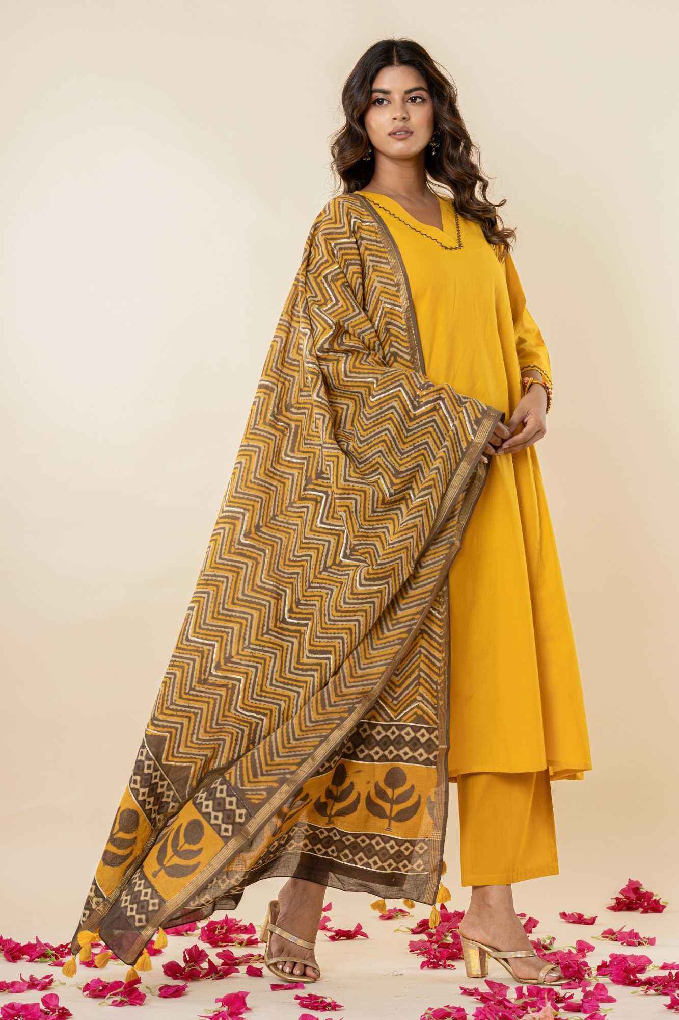 Golden Mustard A-Line Kurti Pant Set with Vanaspati Dupatta