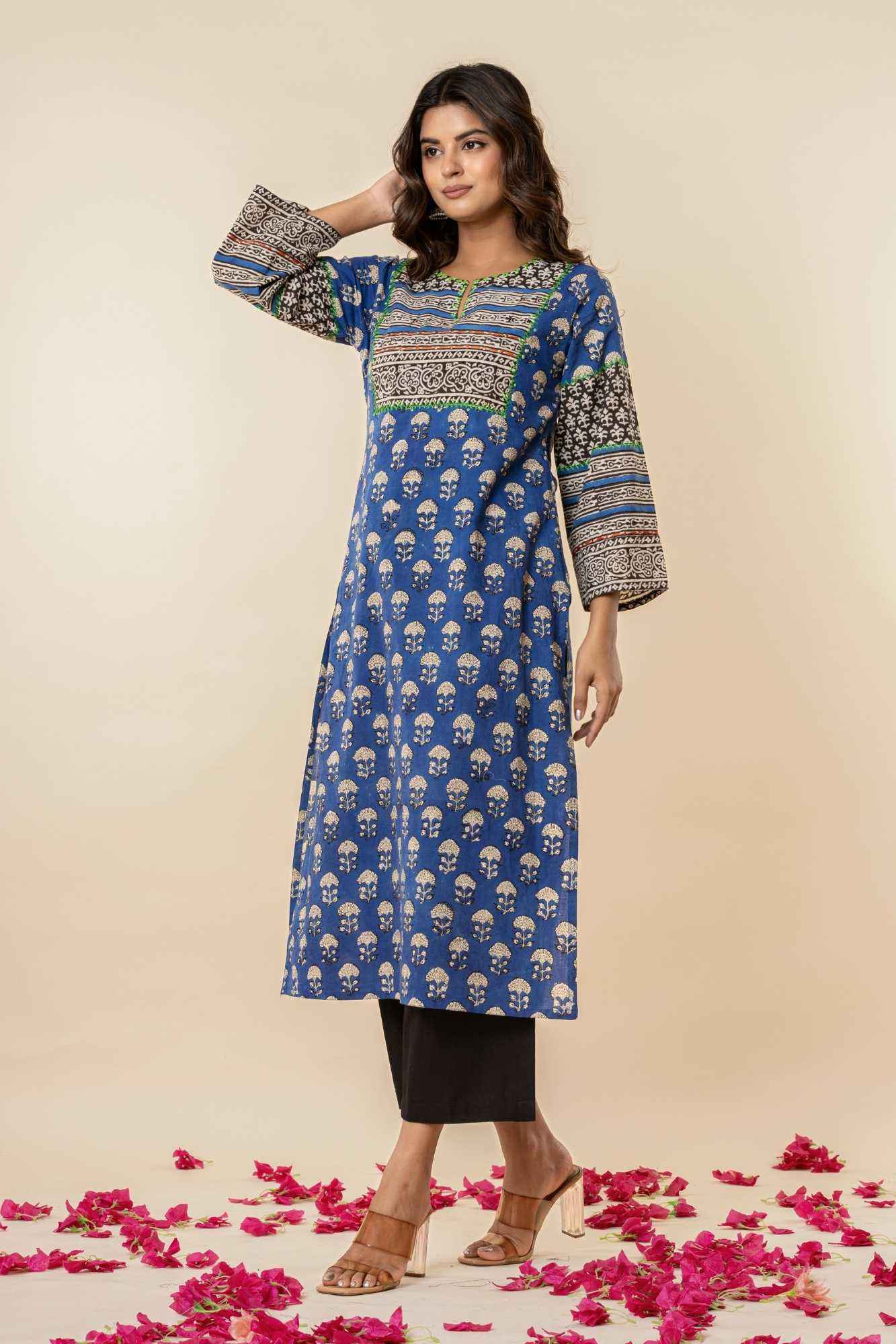 Blue Sanganeri Print Straight Cotton Kurta