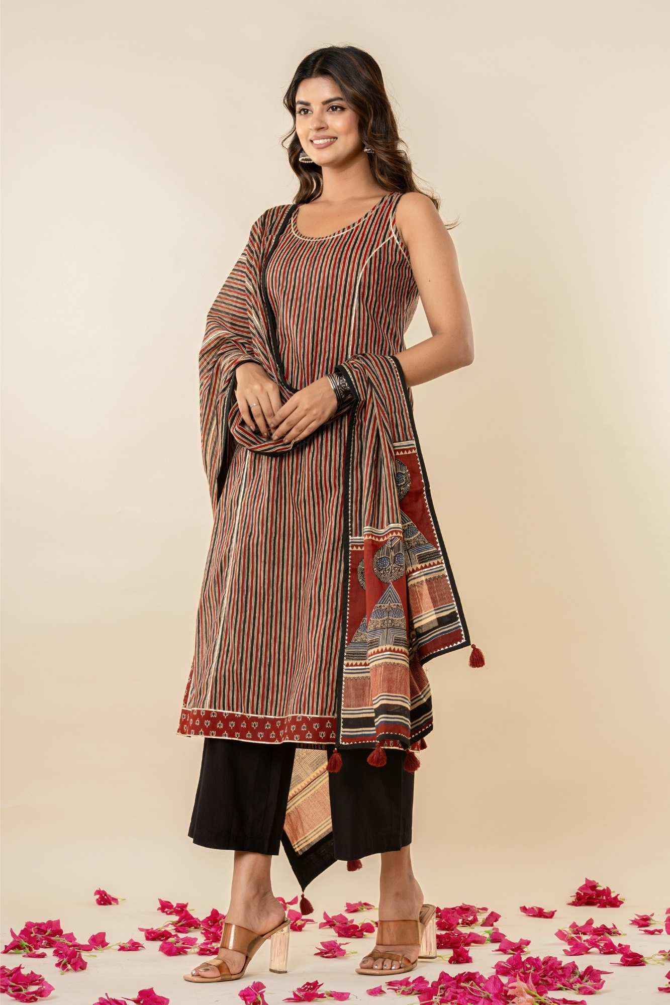 Striped Cotton Sleeveless Kurta Set with Dupatta (Set of 3)