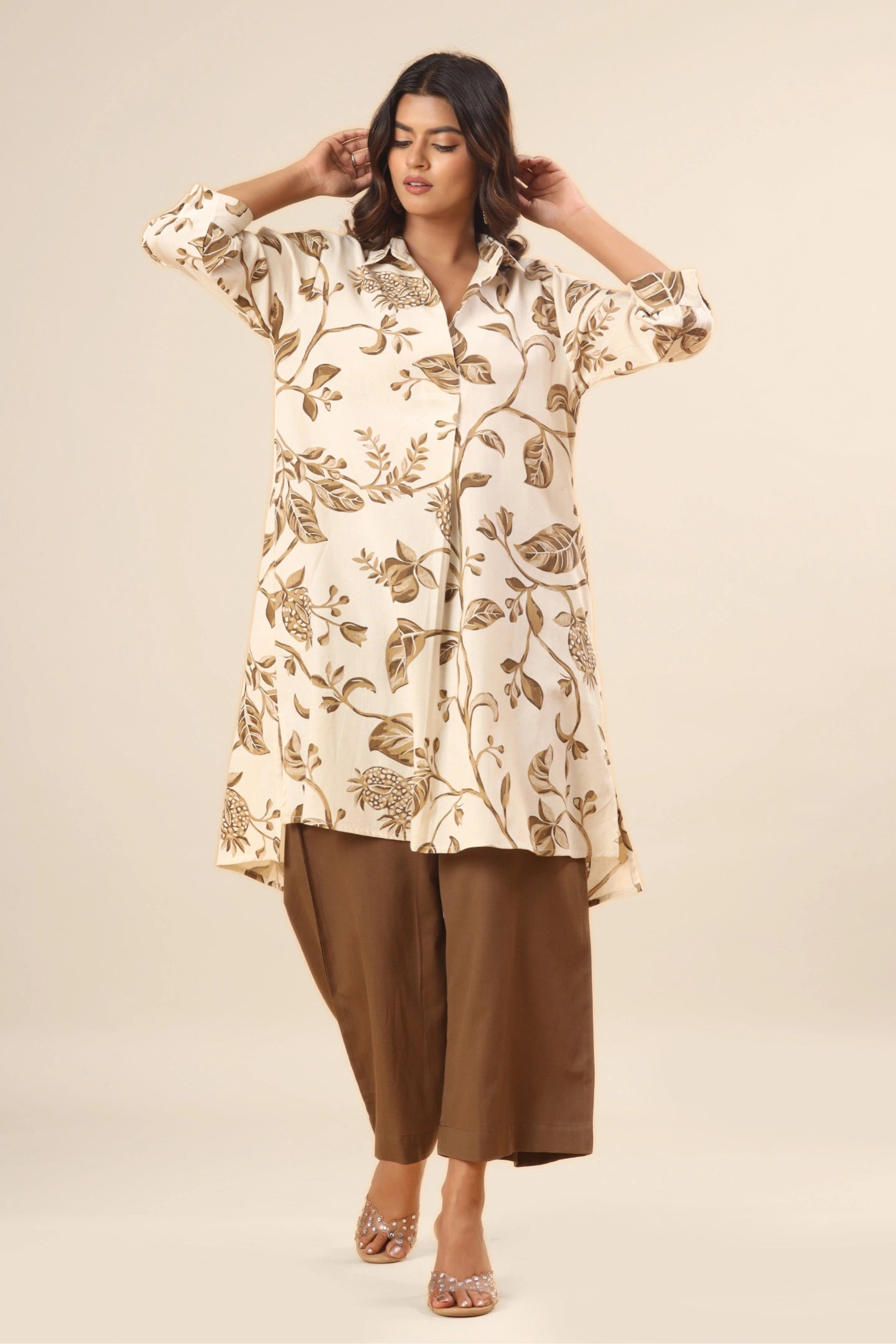 Gulnaar Floral A-Line Kurti – Earth Beige (Pants included)