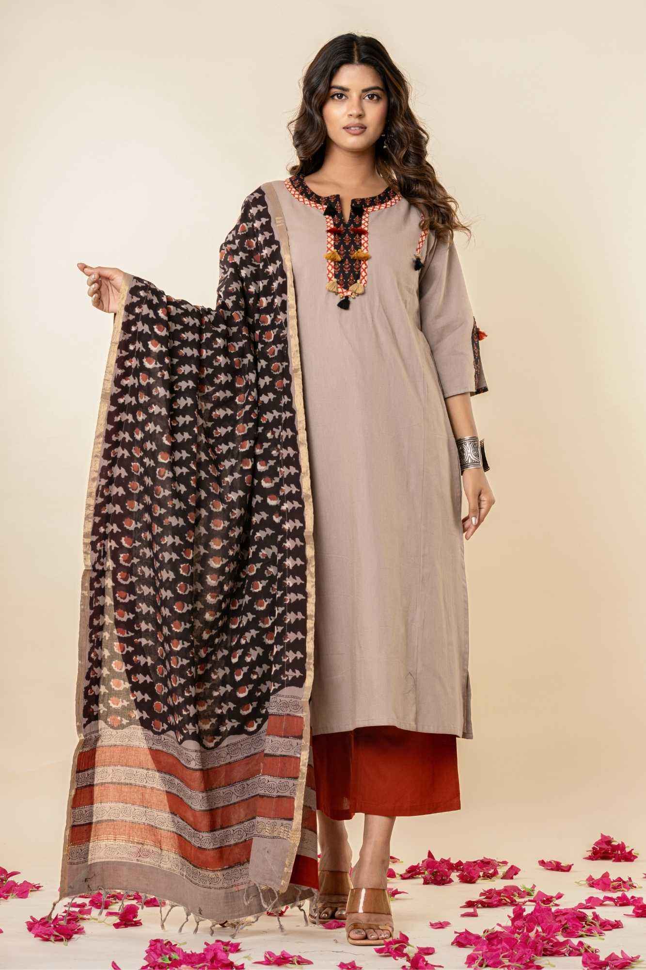 Taupe Cotton Kurta Set with Printed Dupatta (Set of 3)