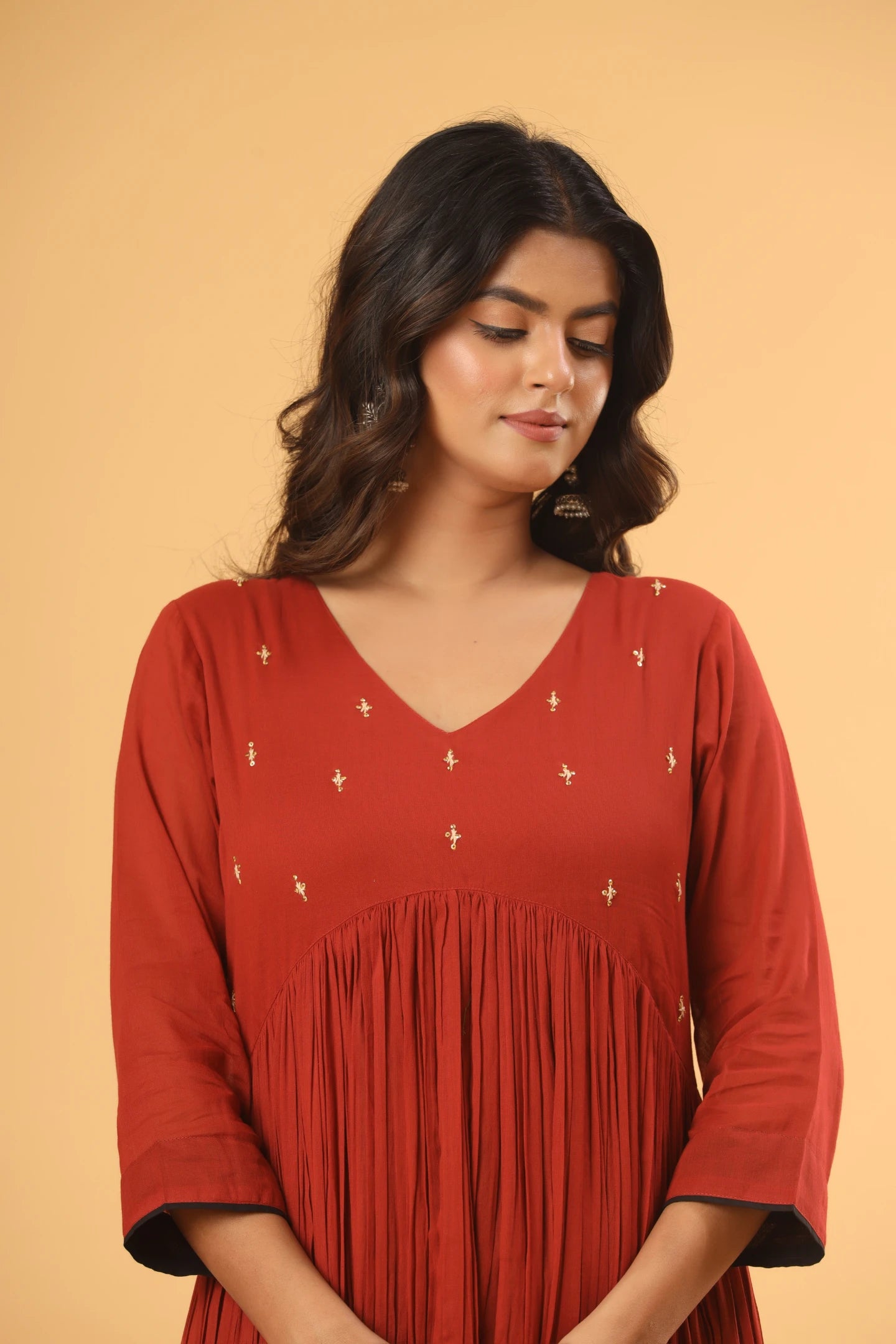 Saanjh Rust Pleated Kurta (Pants and dupatta included)