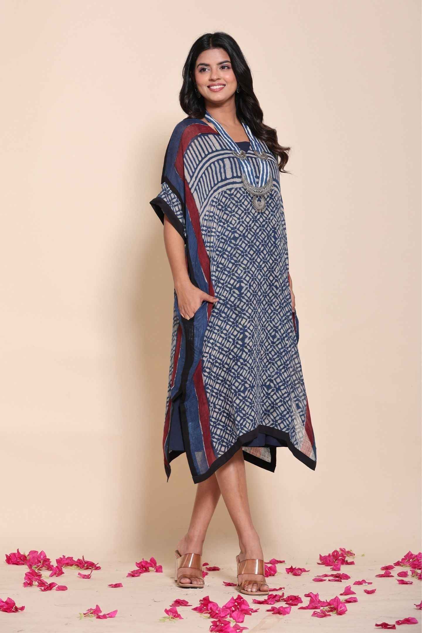 Naksh Pure Linen Free Size Blue Kaftan-Dress With Customizable Inner