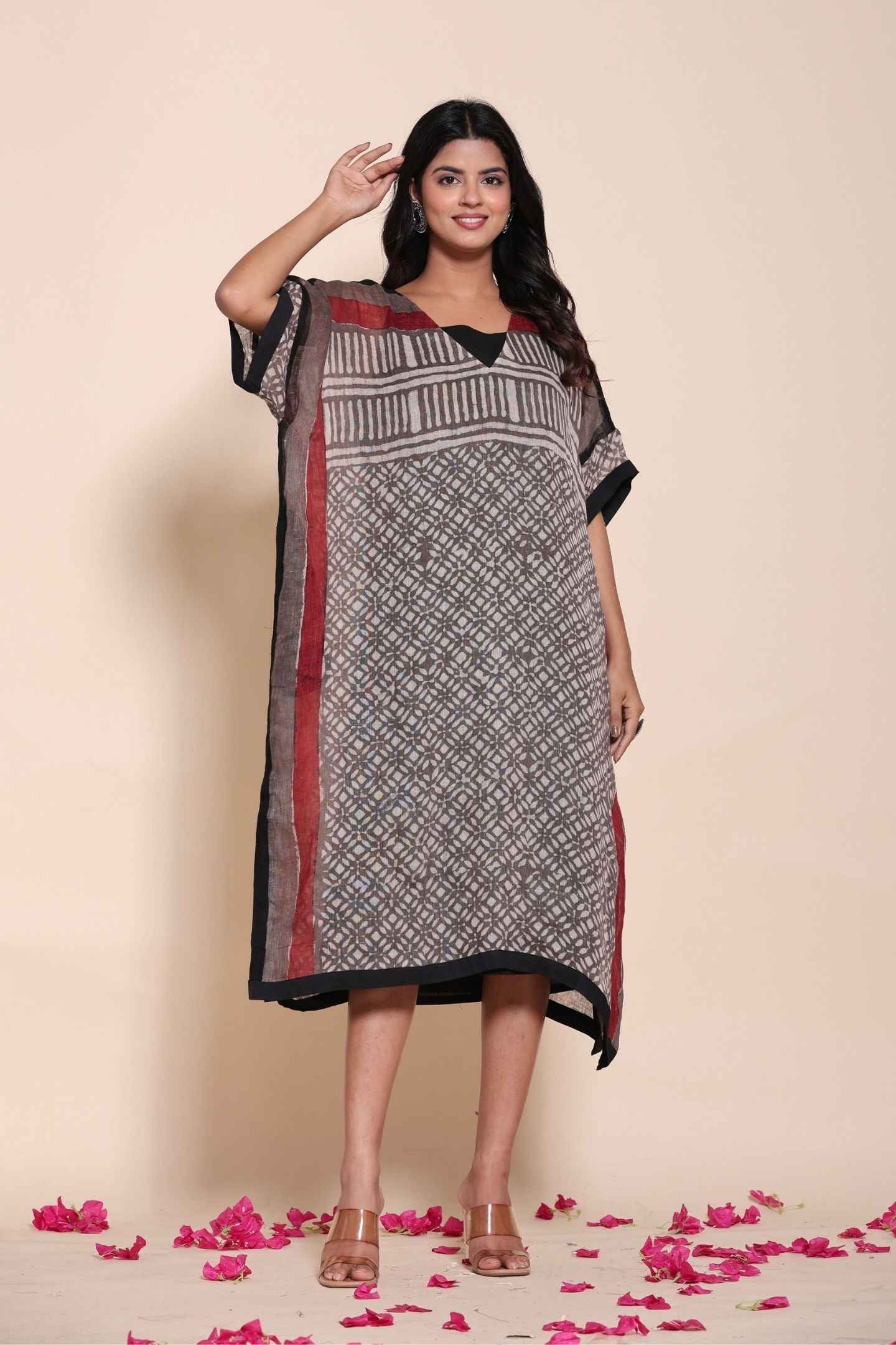Naksh Pure Linen Free Size Brown Kaftan-Dress With Customizable Inner