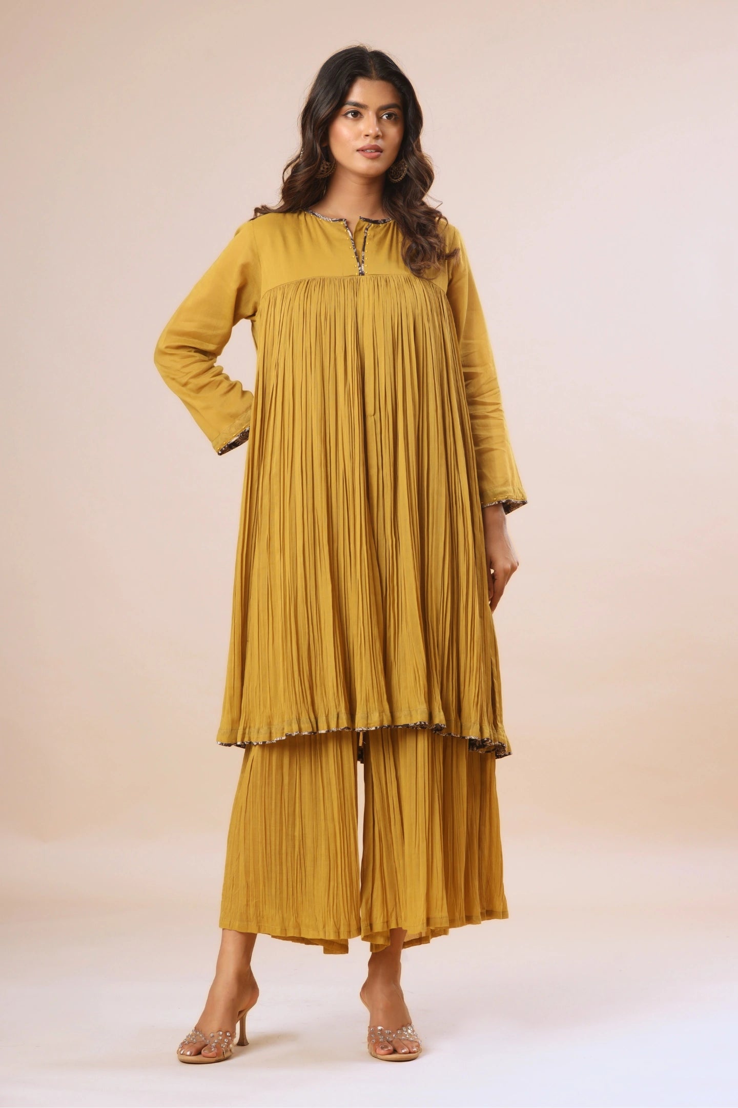 Naksh Yellow Mul-mul Gathered Kurta (Sharara and Inner included)