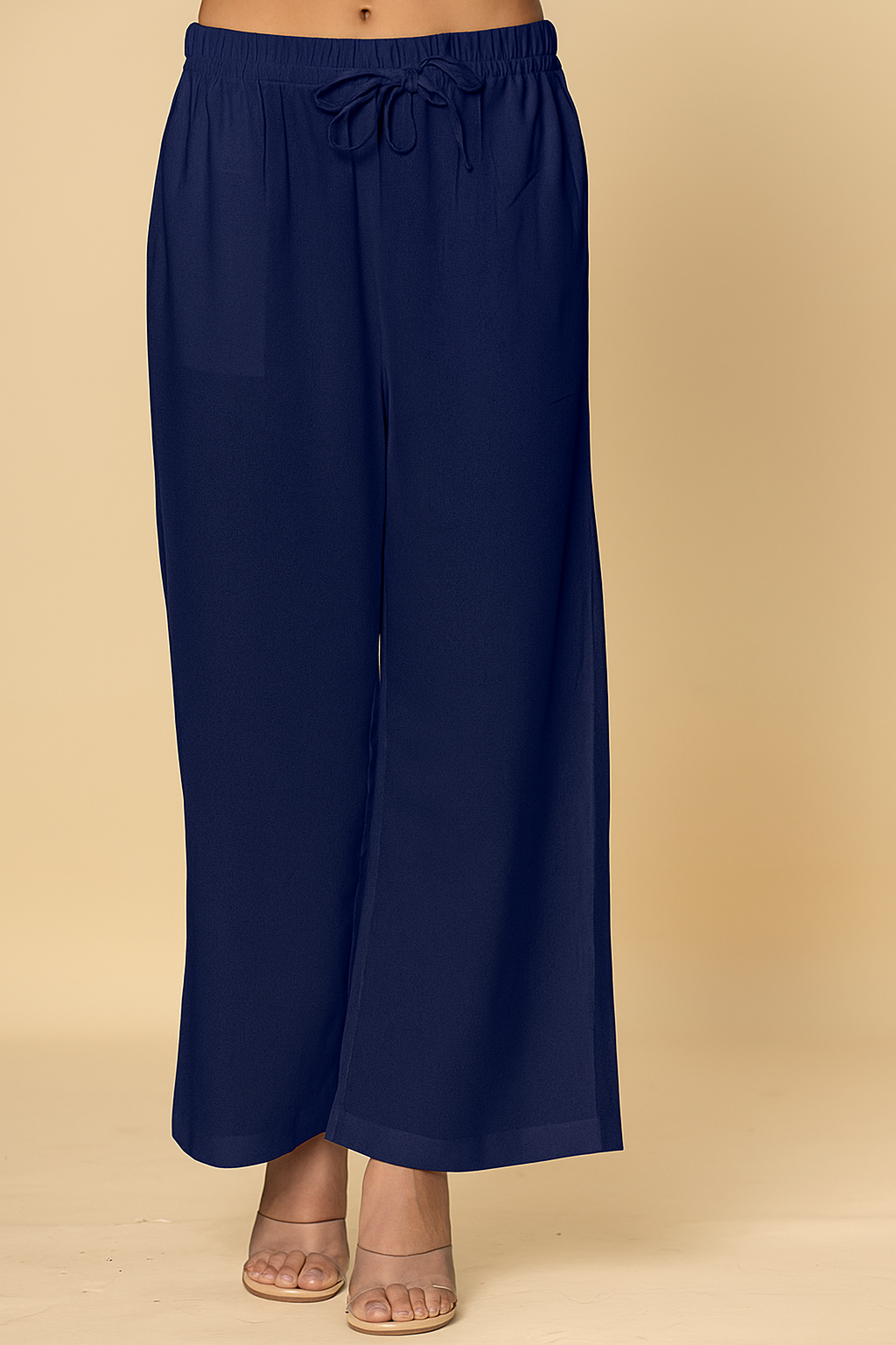 Navy Blue Wide-Leg Pants with Drawstring Waist