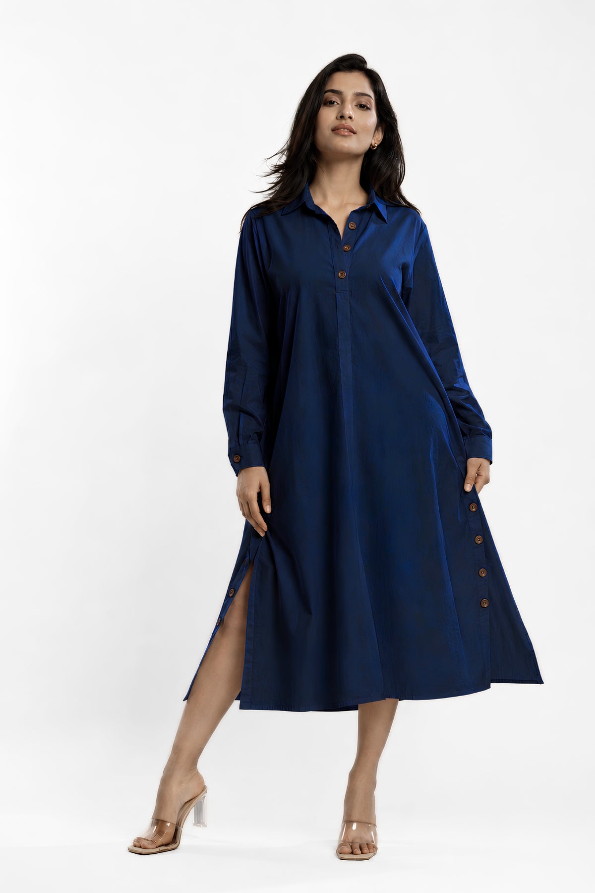 Cotton Poplin Shirt Dress (Blue)