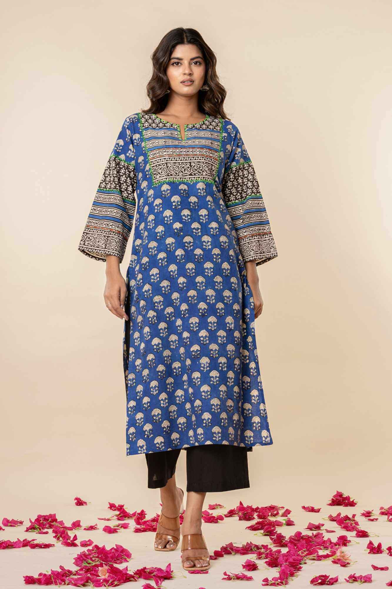 Blue Sanganeri Print Straight Cotton Kurta
