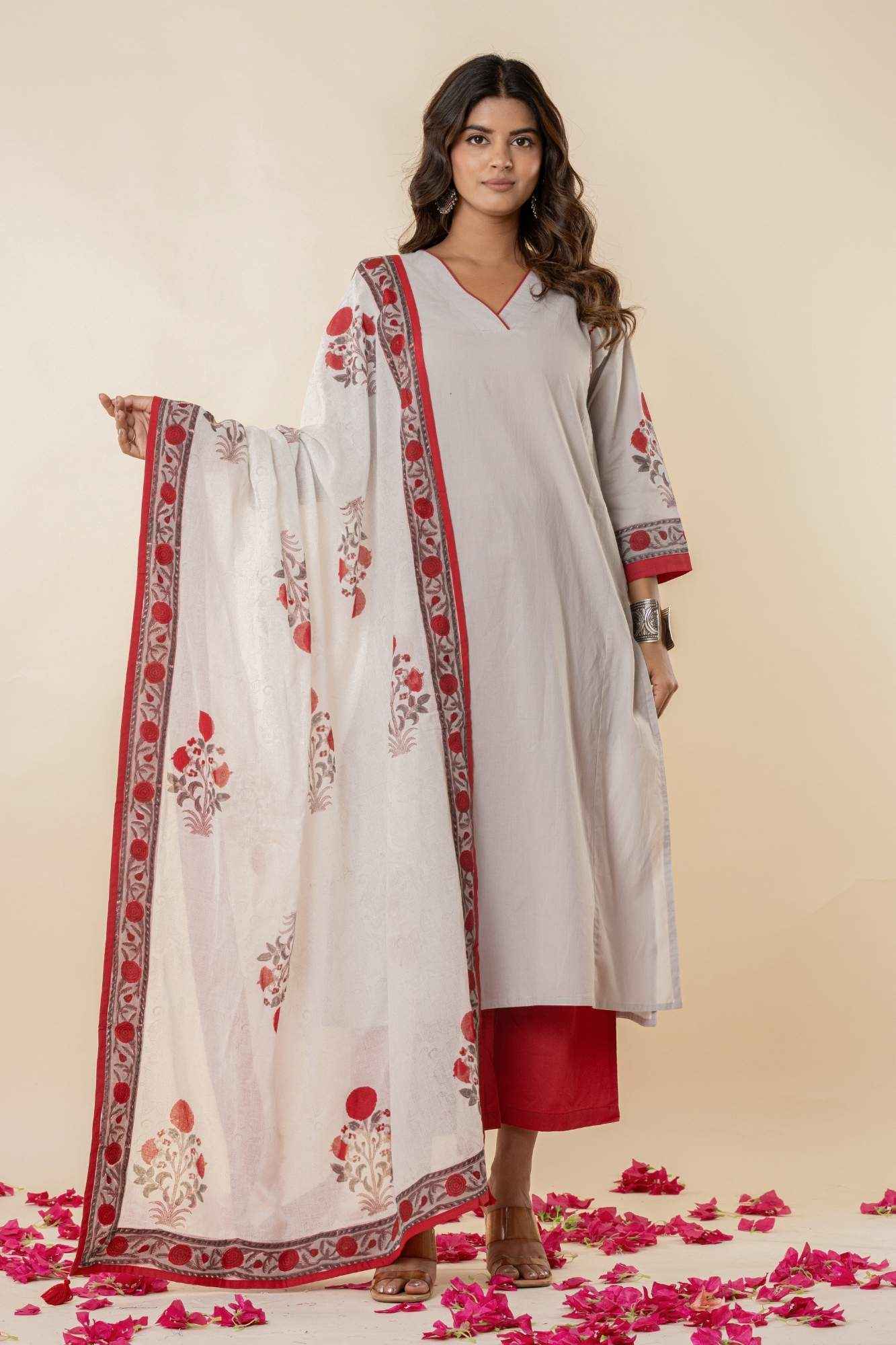 Light Grey Cotton Straight Kurta Set with Red Pants & Printed Dupatta (Set of 3)