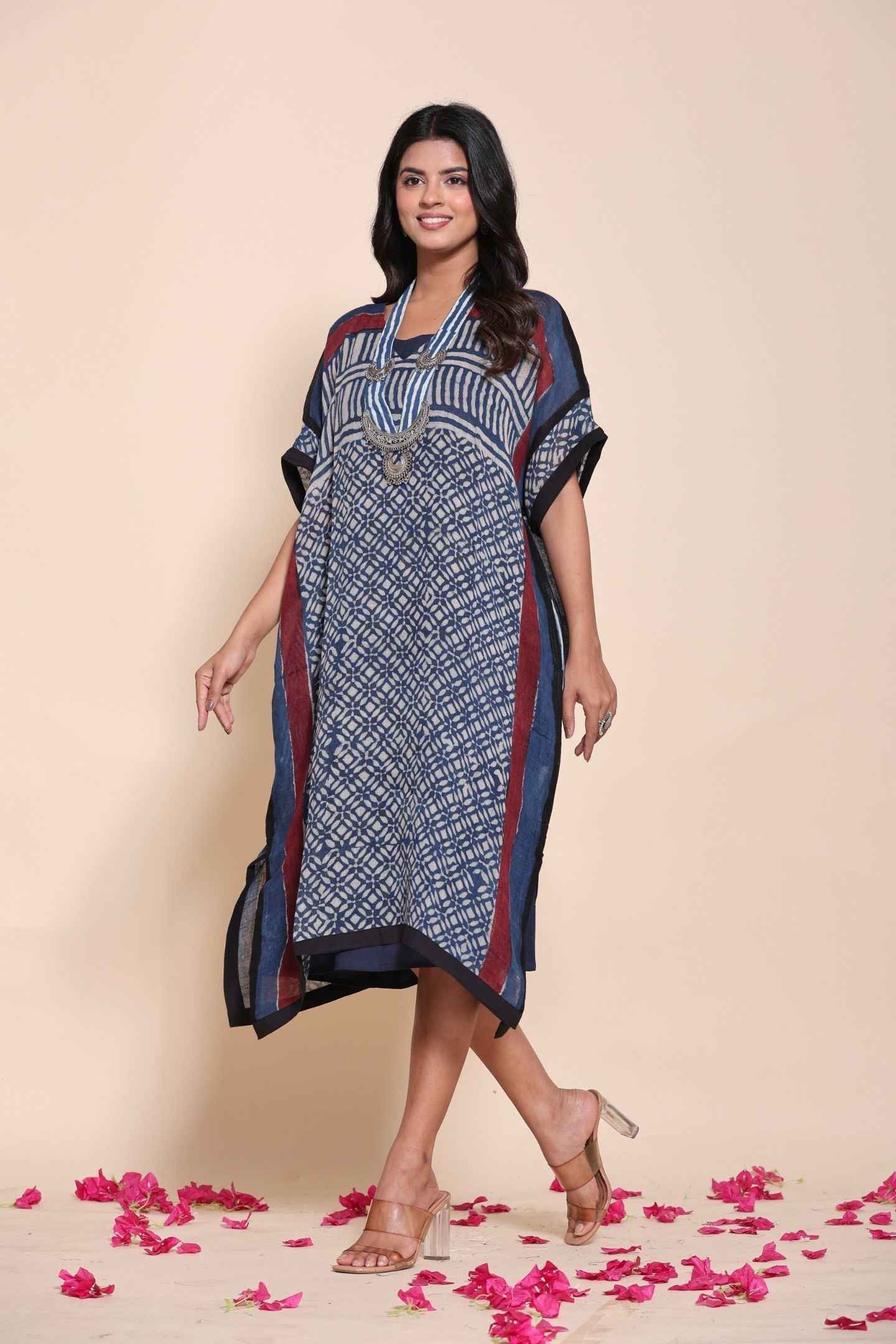 Naksh Pure Linen Free Size Blue Kaftan-Dress With Customizable Inner