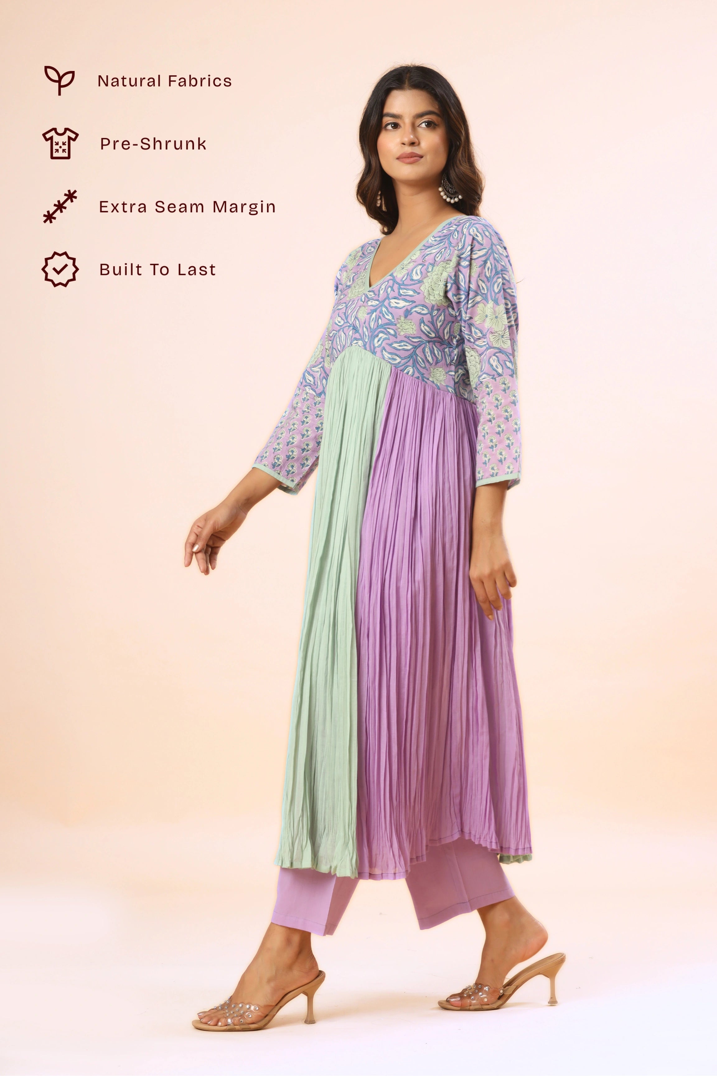 Lavender & Seafoam Floral Block Print Crinkle Anarkali (Pants included)