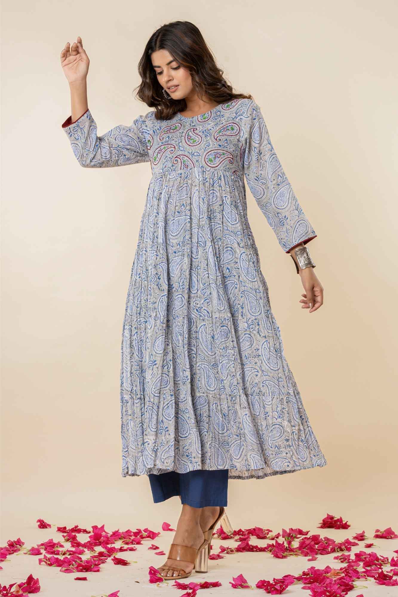 Grey-Blue Block Print Gathered Kurta Set