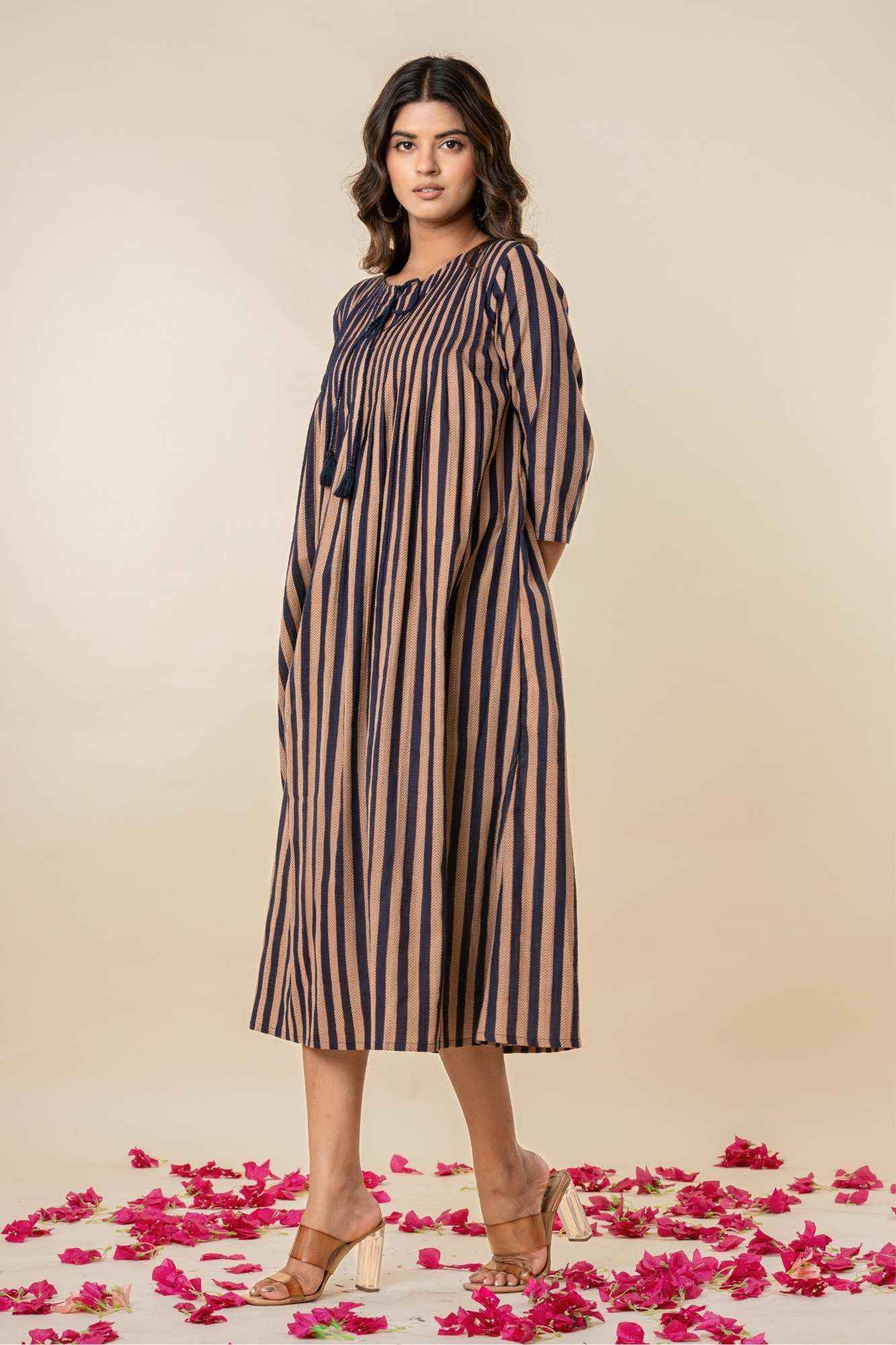 Striped A-Line Cotton Kurta with Tassel Tie-Up