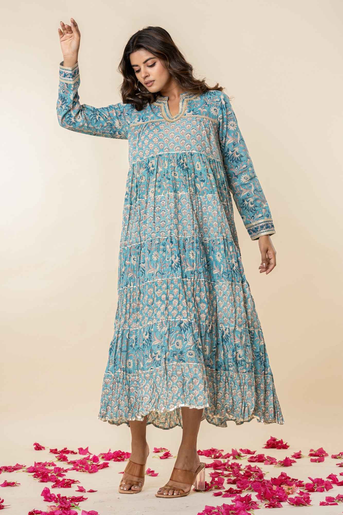 Blue Block Print Tiered Dress