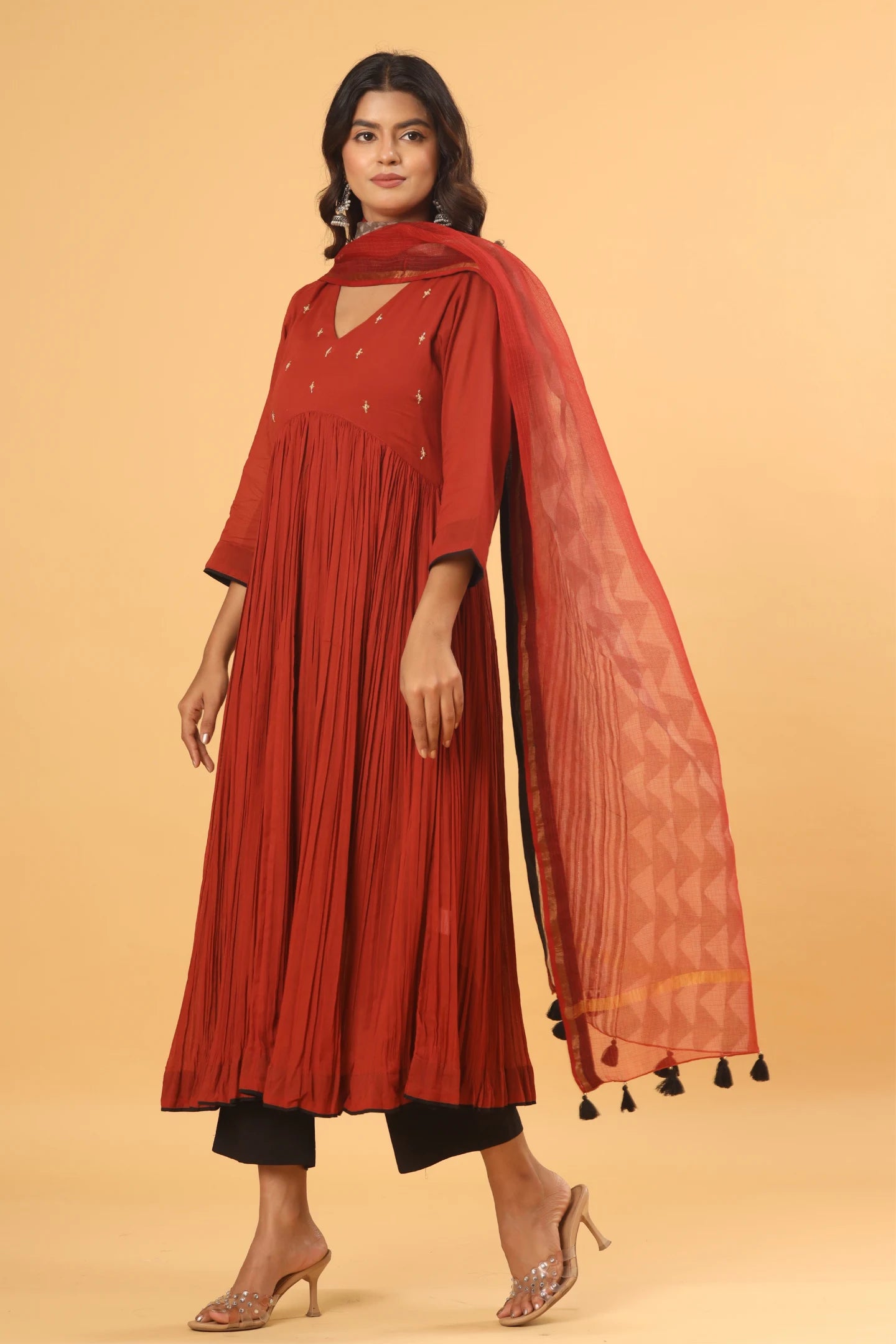 Saanjh Rust Pleated Kurta (Pants and dupatta included)