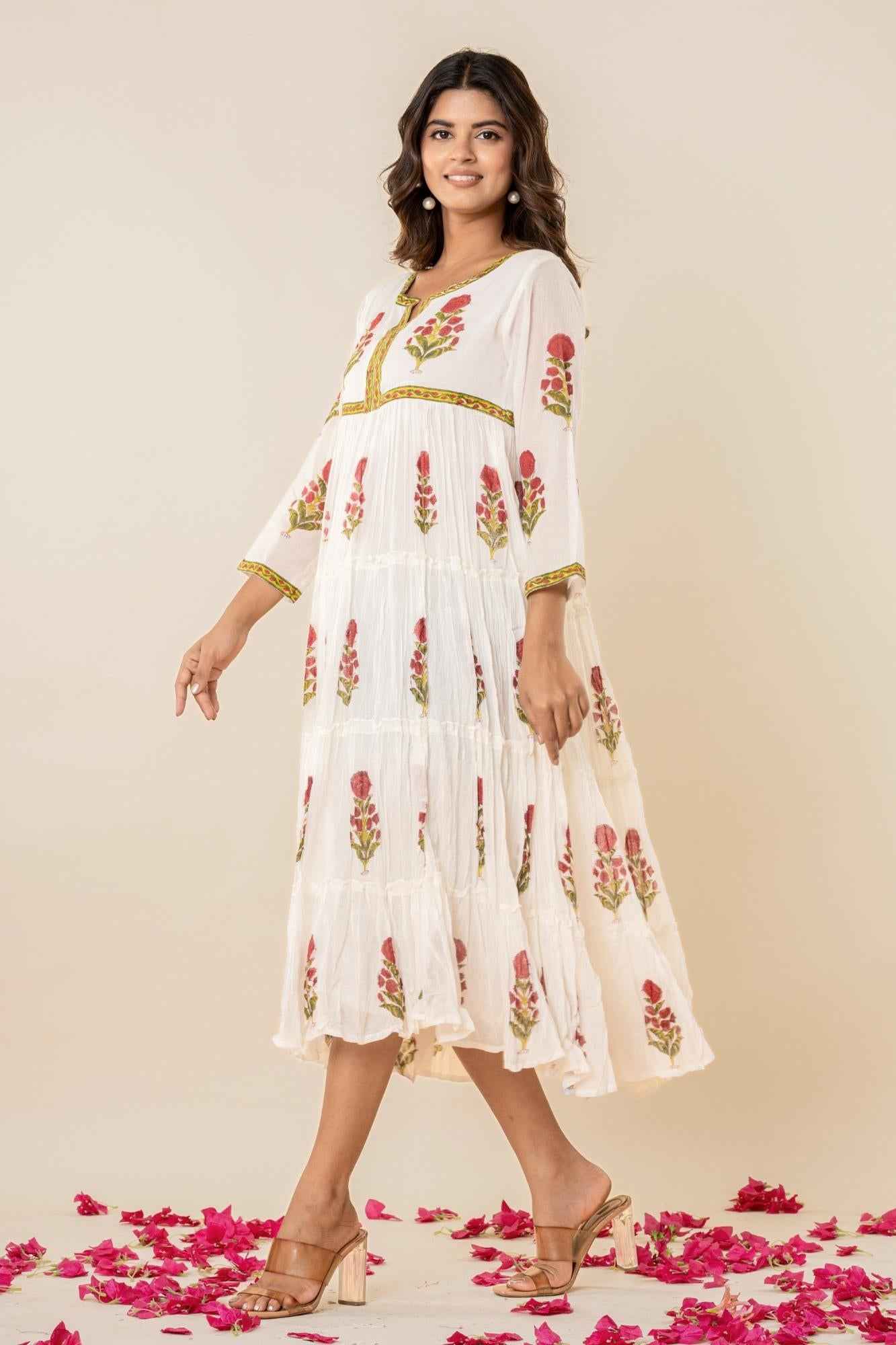 White Floral Block Print Mul Mul Tiered Kurta