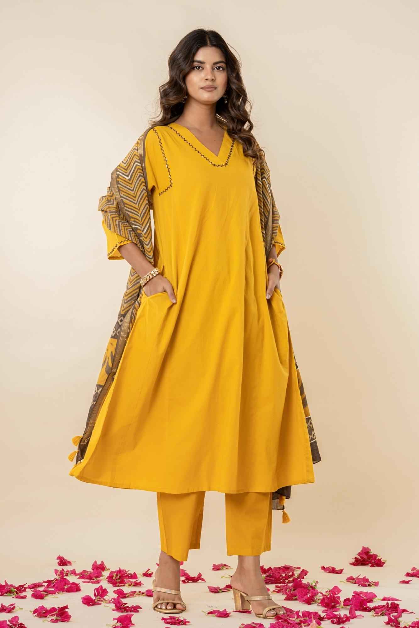 Golden Mustard A-Line Kurti Pant Set with Vanaspati Dupatta