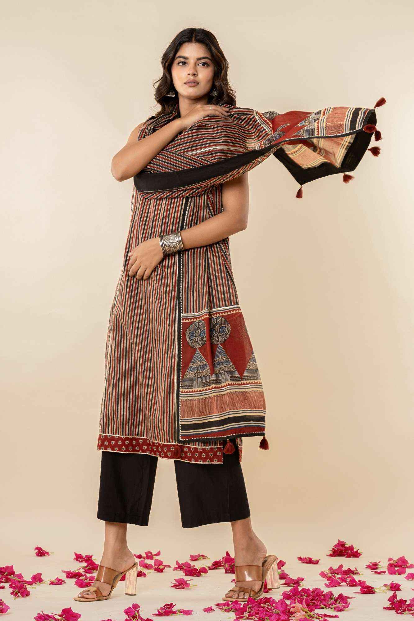 Striped Cotton Sleeveless Kurta Set with Dupatta (Set of 3)