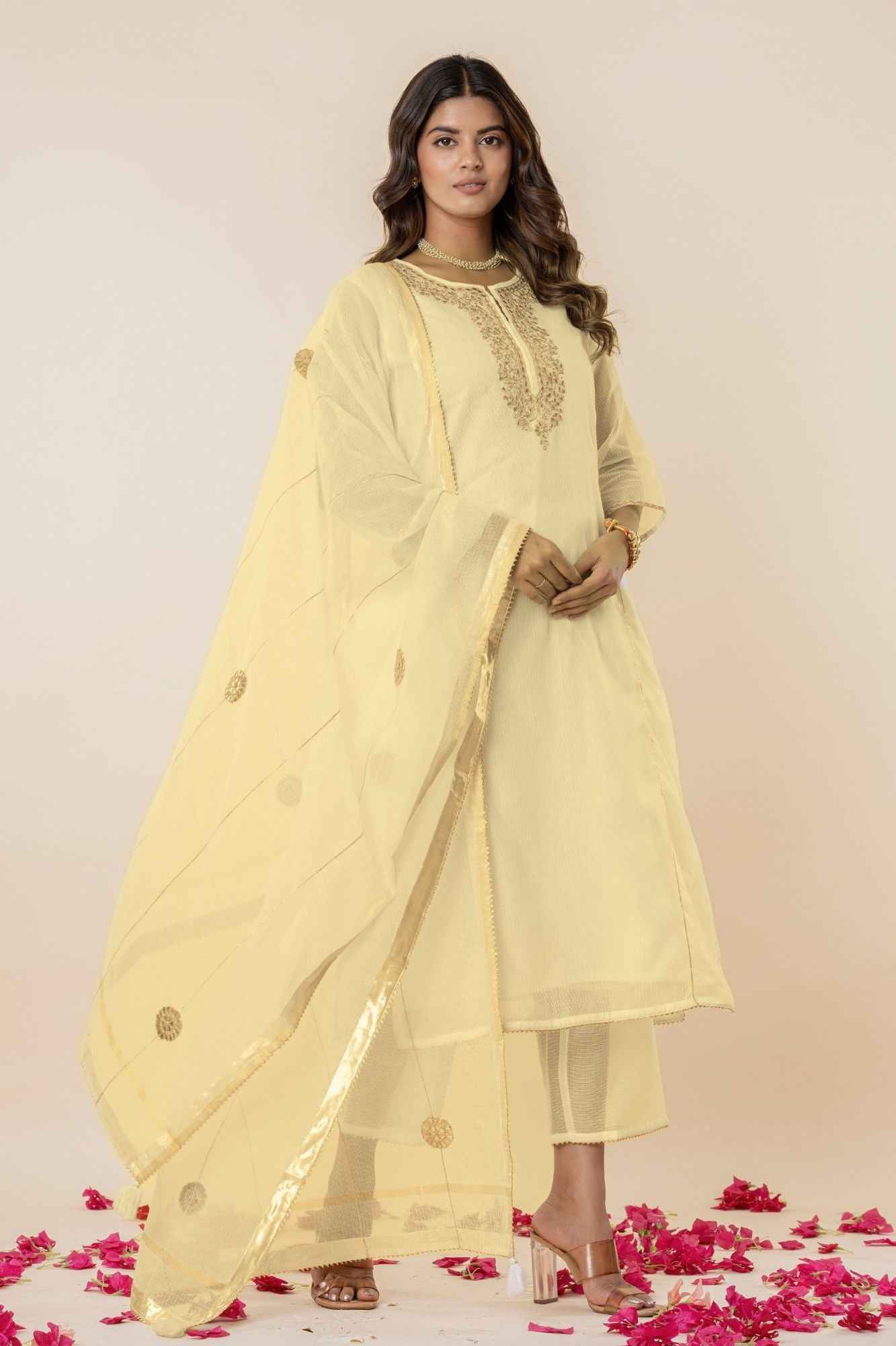 Butter yellow Kota Doria Gota Patti Kurta (Set of 3)