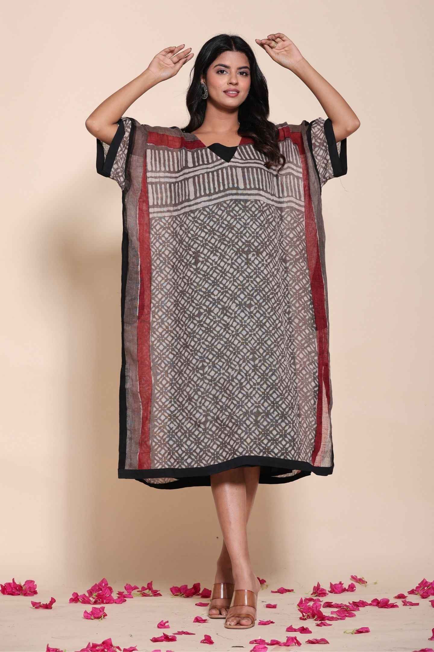Naksh Pure Linen Free Size Brown Kaftan-Dress With Customizable Inner