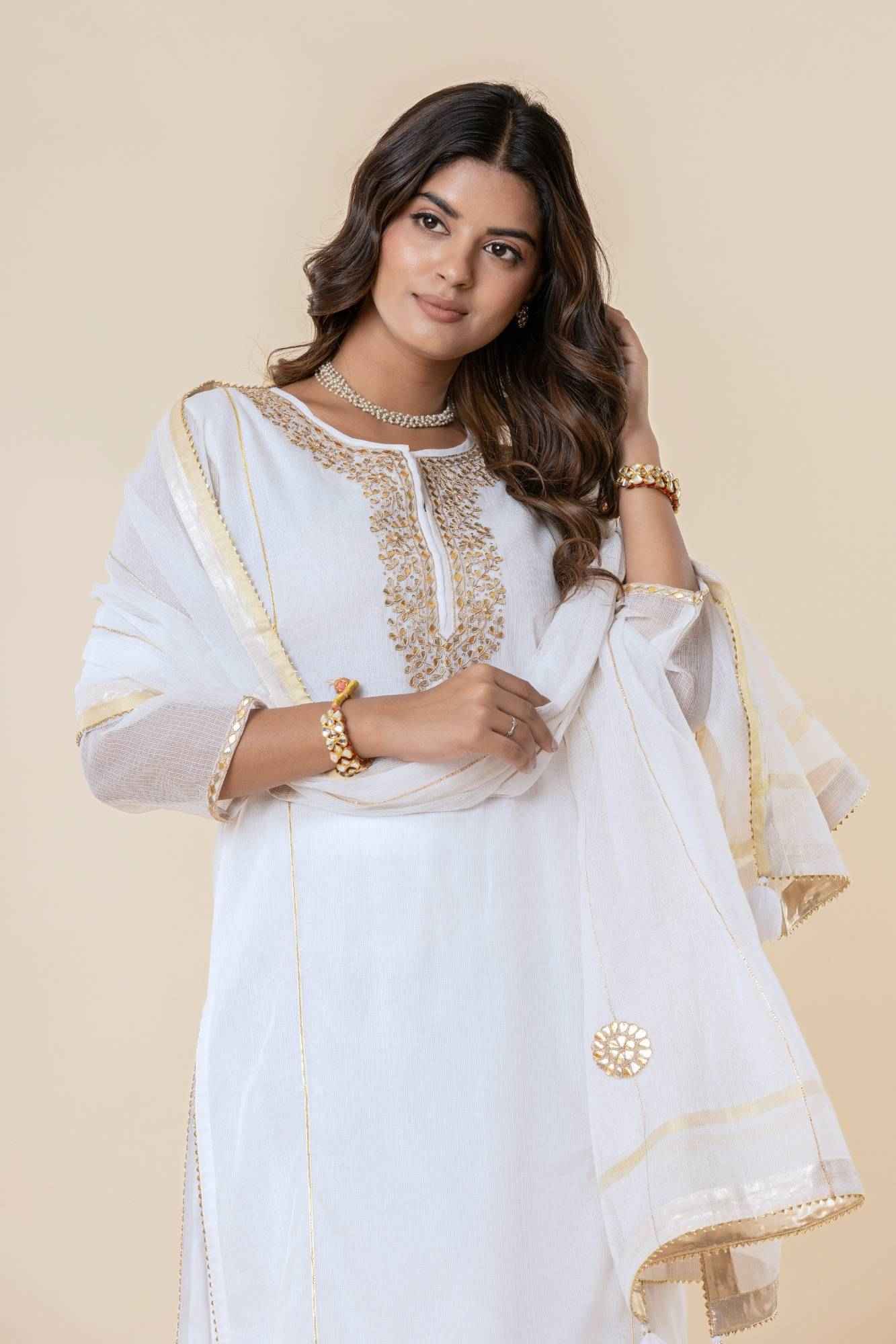 White Kota Doria Gota Patti Kurta (Set Of 3)