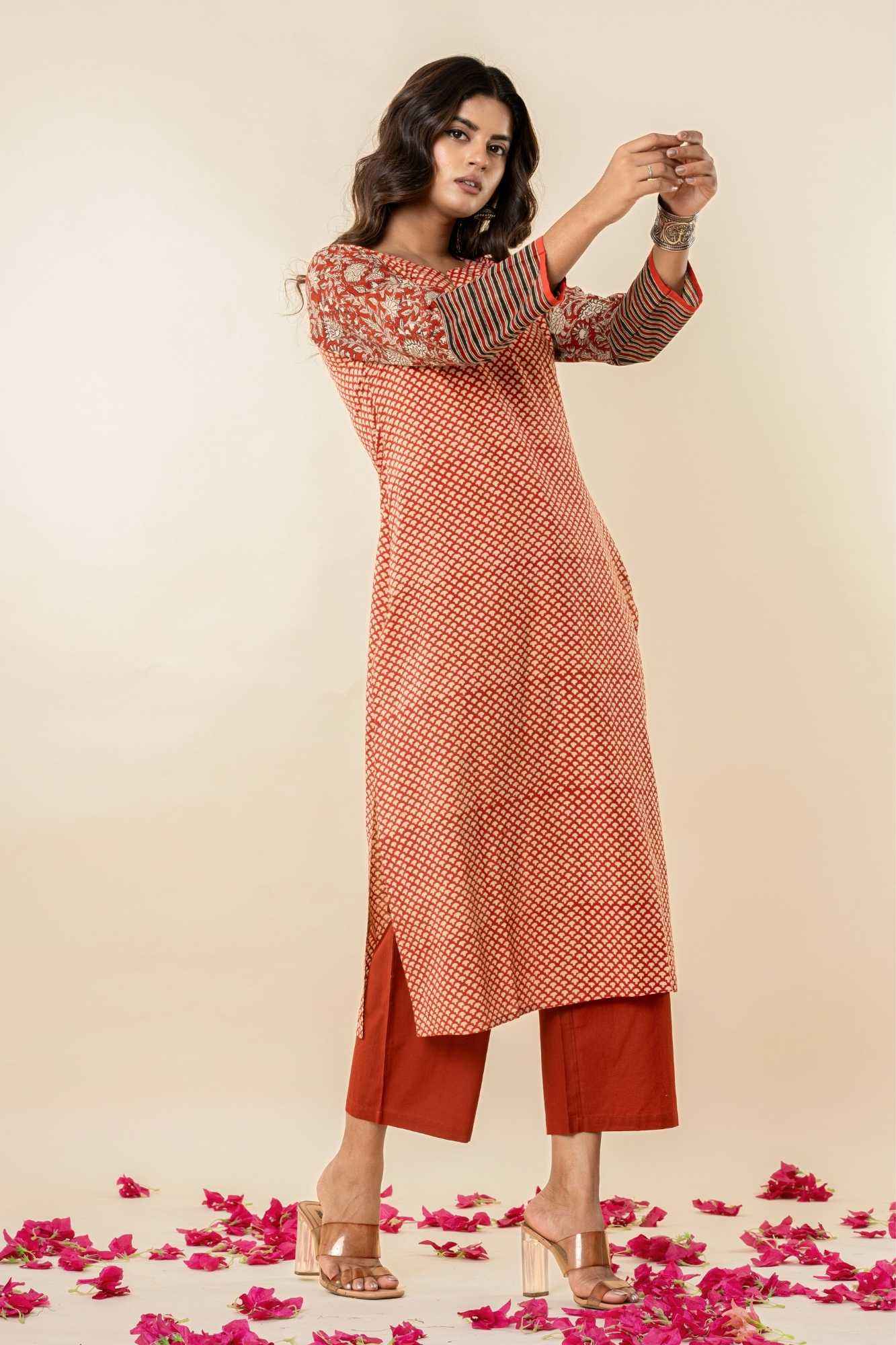 Rust Cotton Straight Kurta Set with Patchwork Sleeves (Set of 2)
